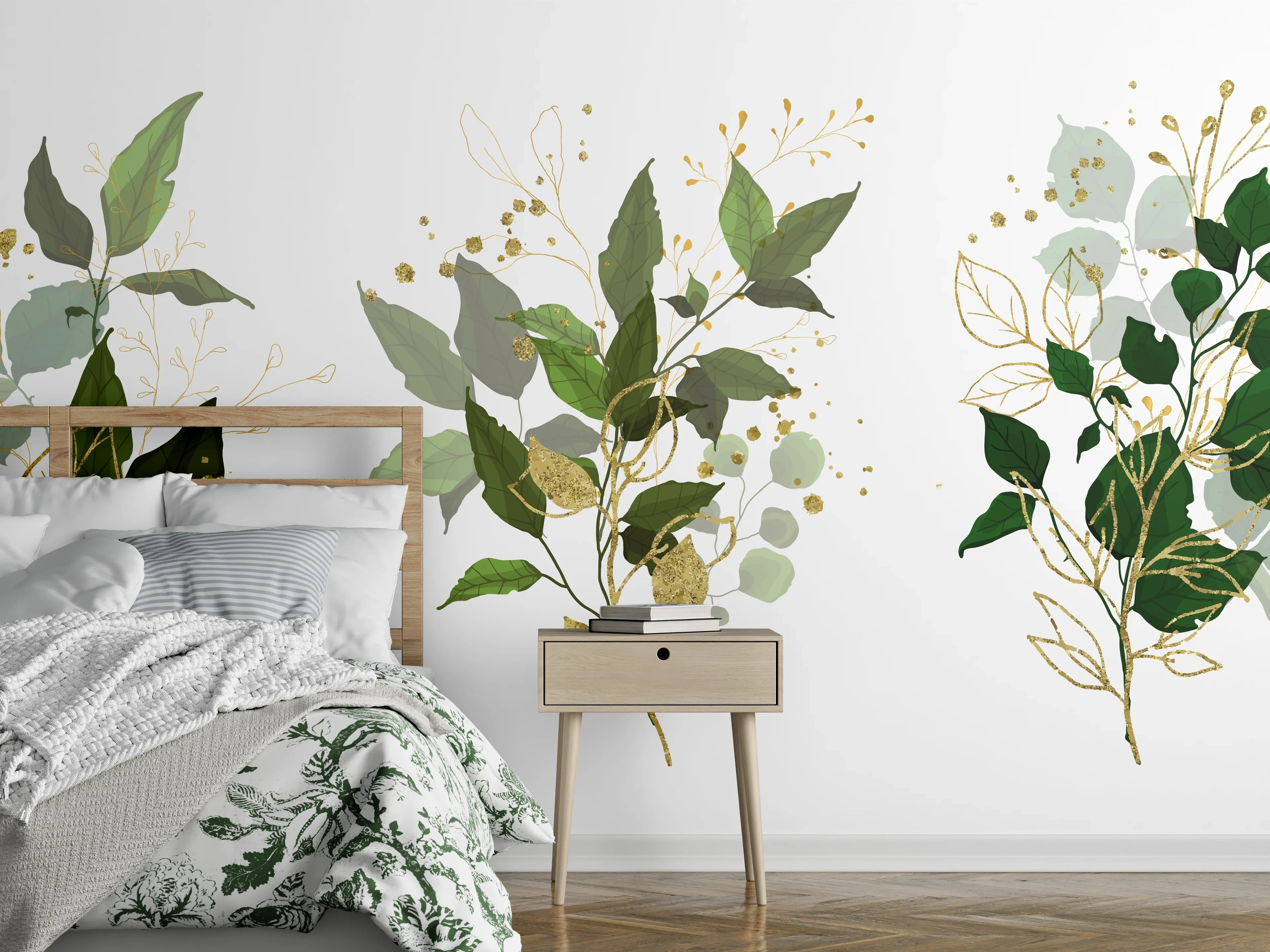 Wandverkleidung Schlafzimmer - Botanik Gold Grün Dekor