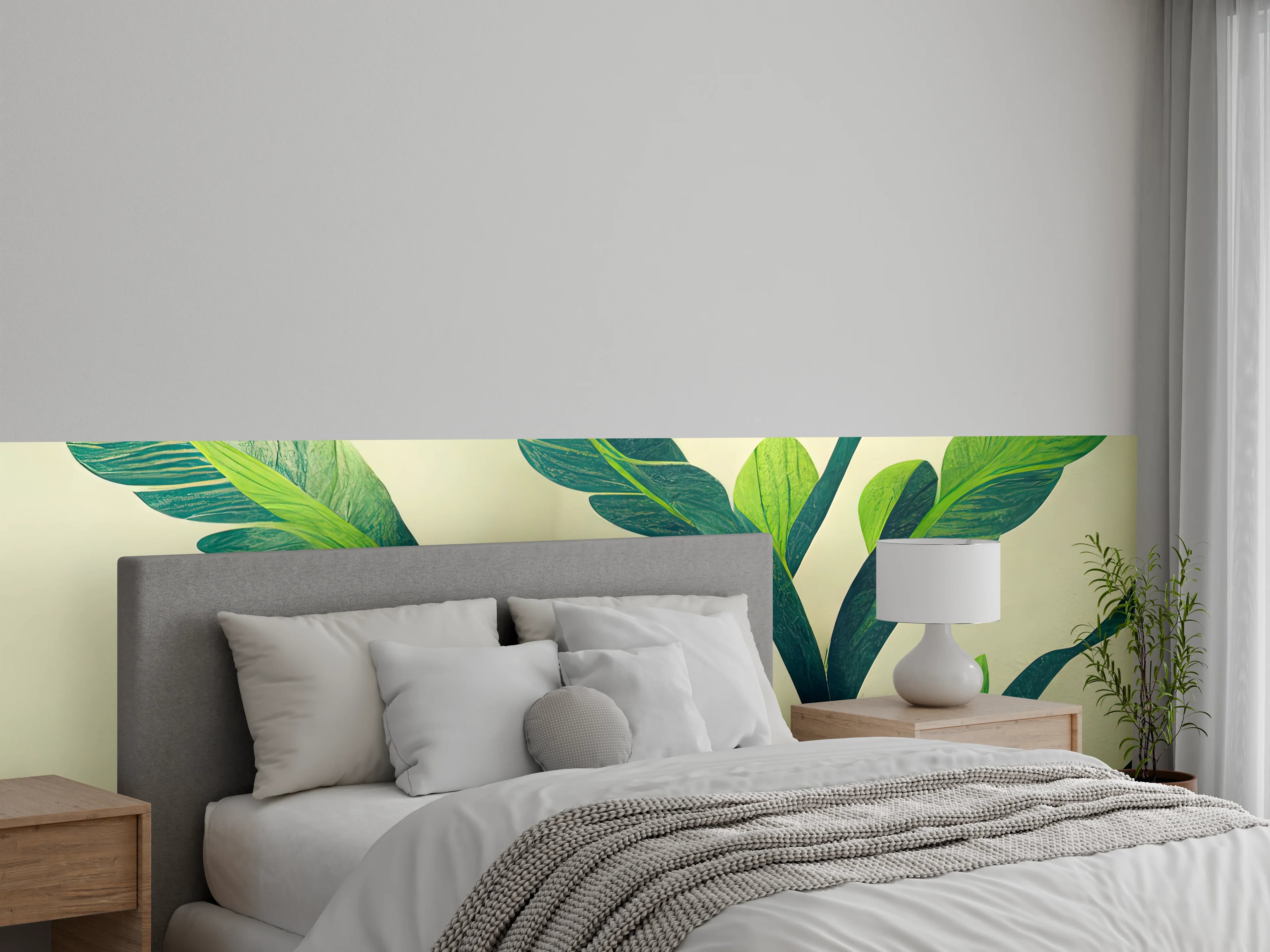Wandverkleidung Schlafzimmer - Botanische Blätter auf hellem Grund