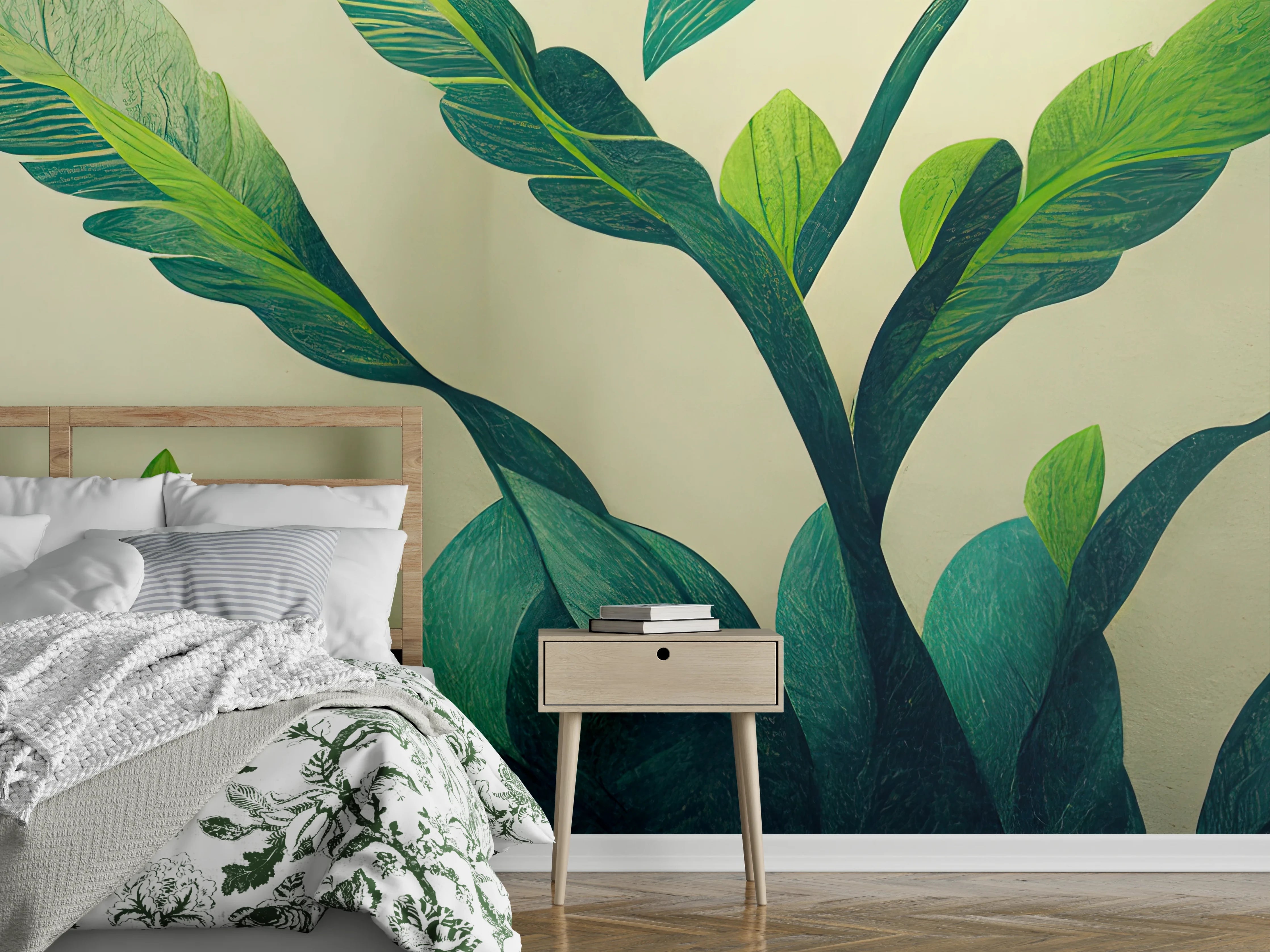 Wandverkleidung Schlafzimmer - Botanische Blätter auf hellem Grund