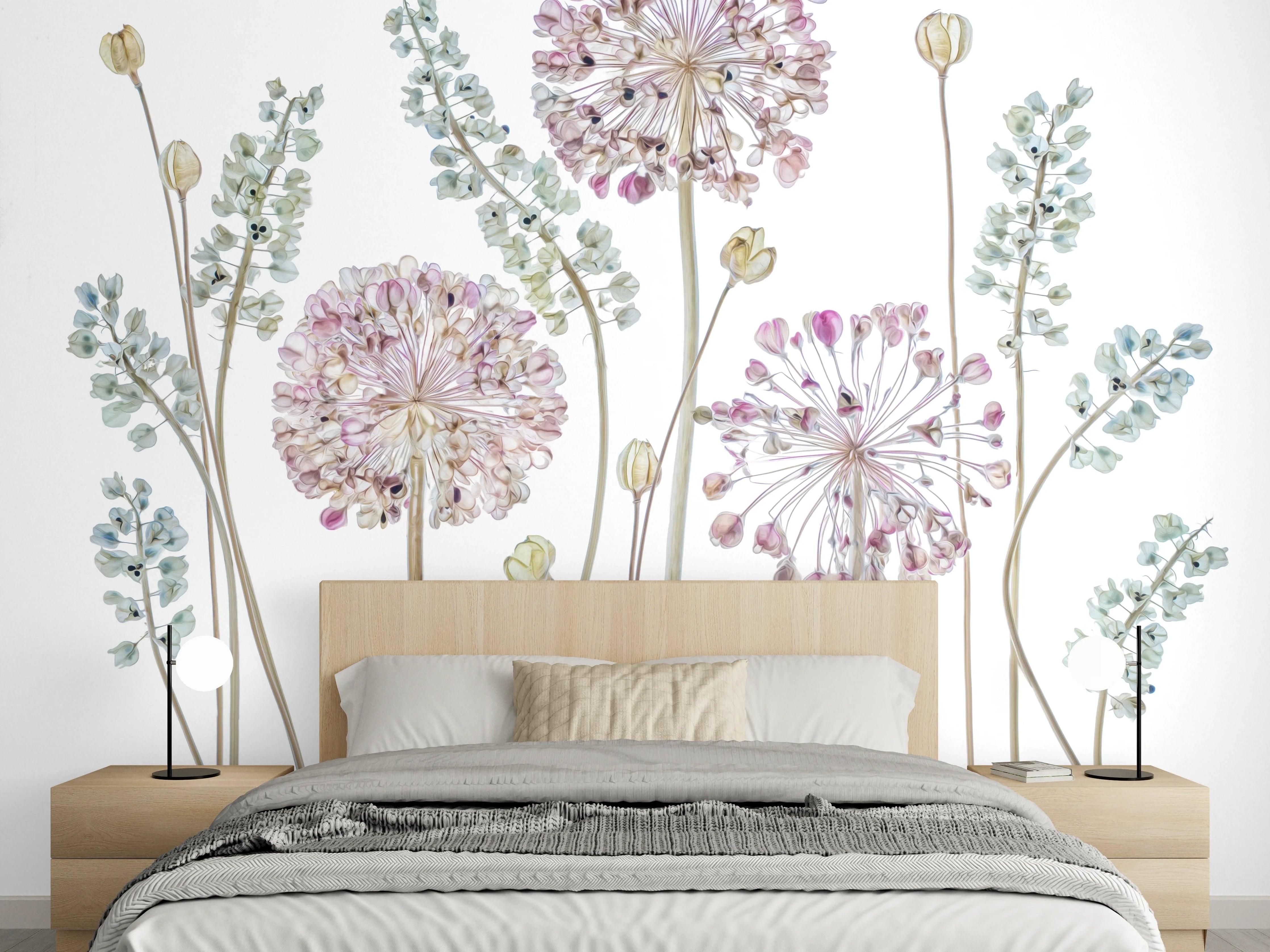 Wandverkleidung Schlafzimmer - Botanische Blütenzeichnung auf Weiß