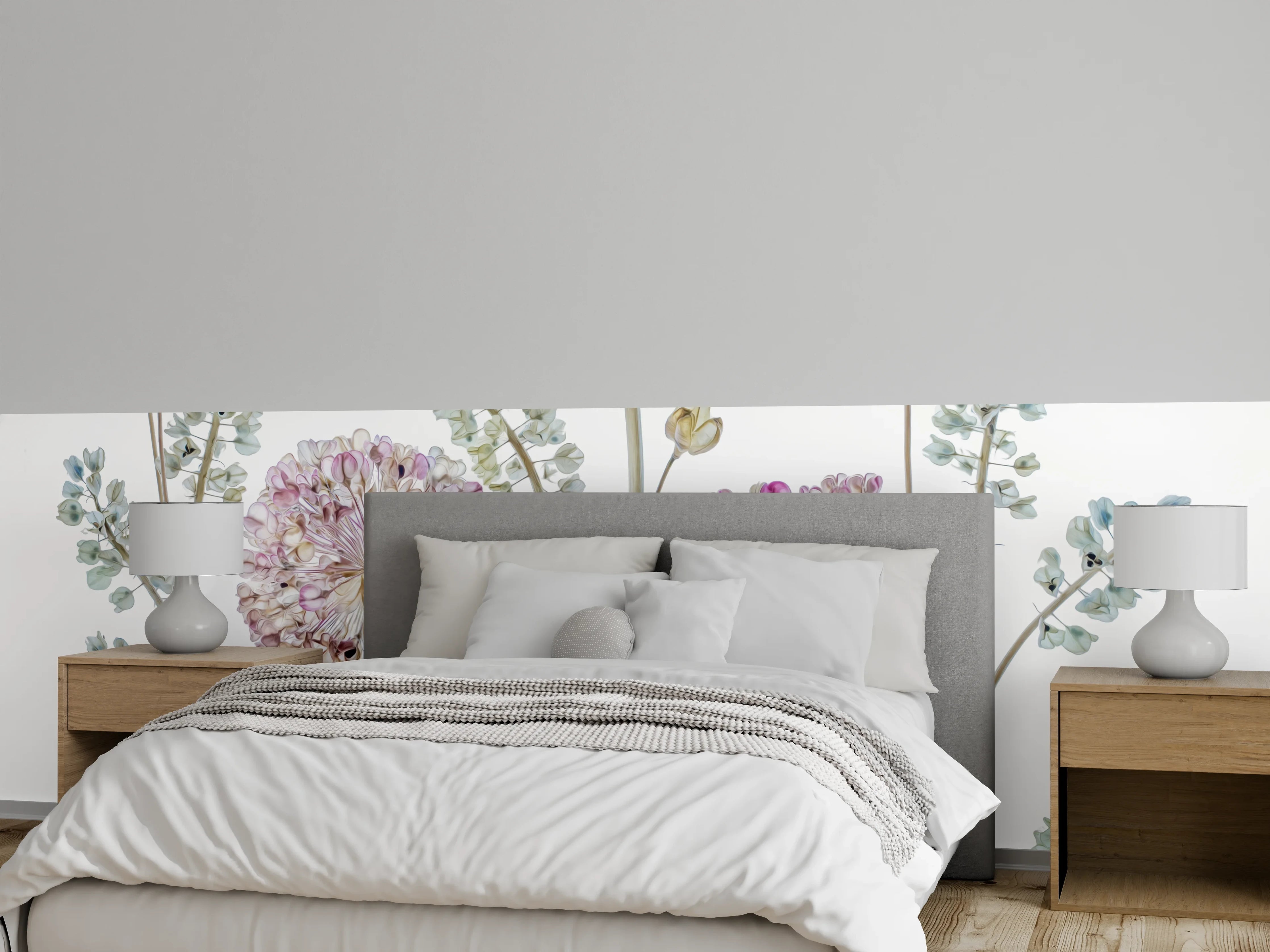 Wandverkleidung Schlafzimmer - Botanische Blütenzeichnung auf Weiß