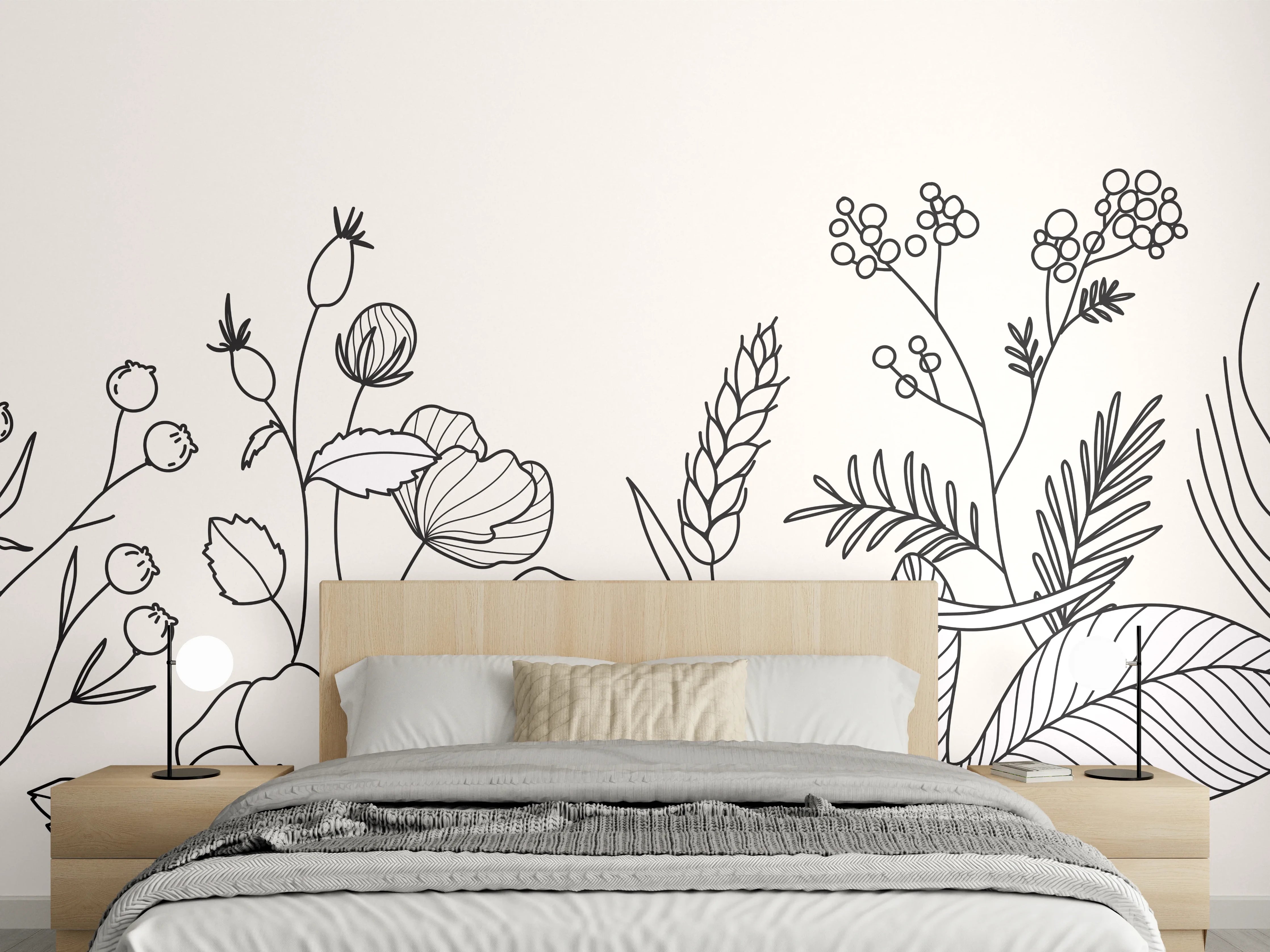 Wandverkleidung Schlafzimmer - Botanische Linienzeichnung