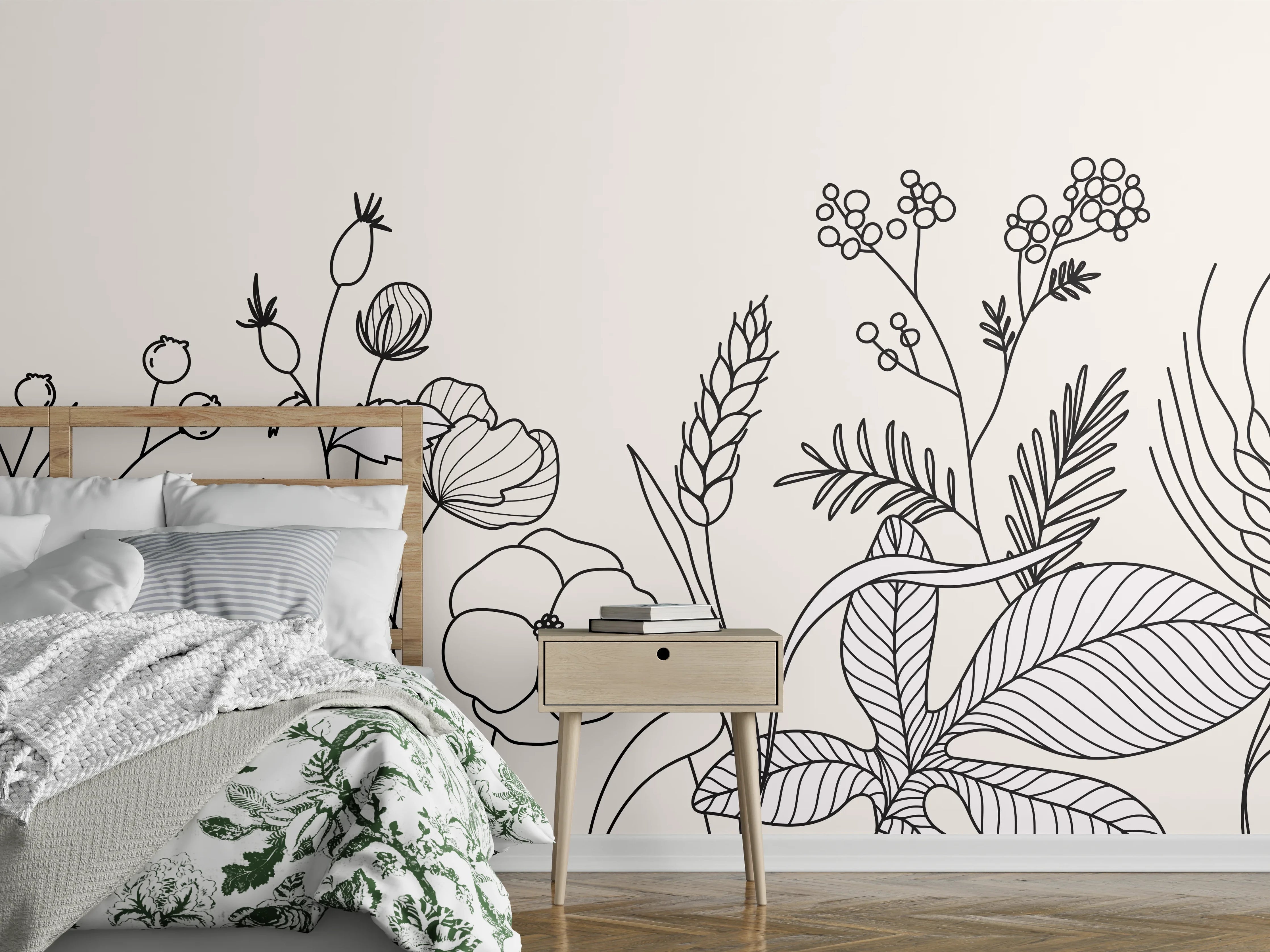 Wandverkleidung Schlafzimmer - Botanische Linienzeichnung