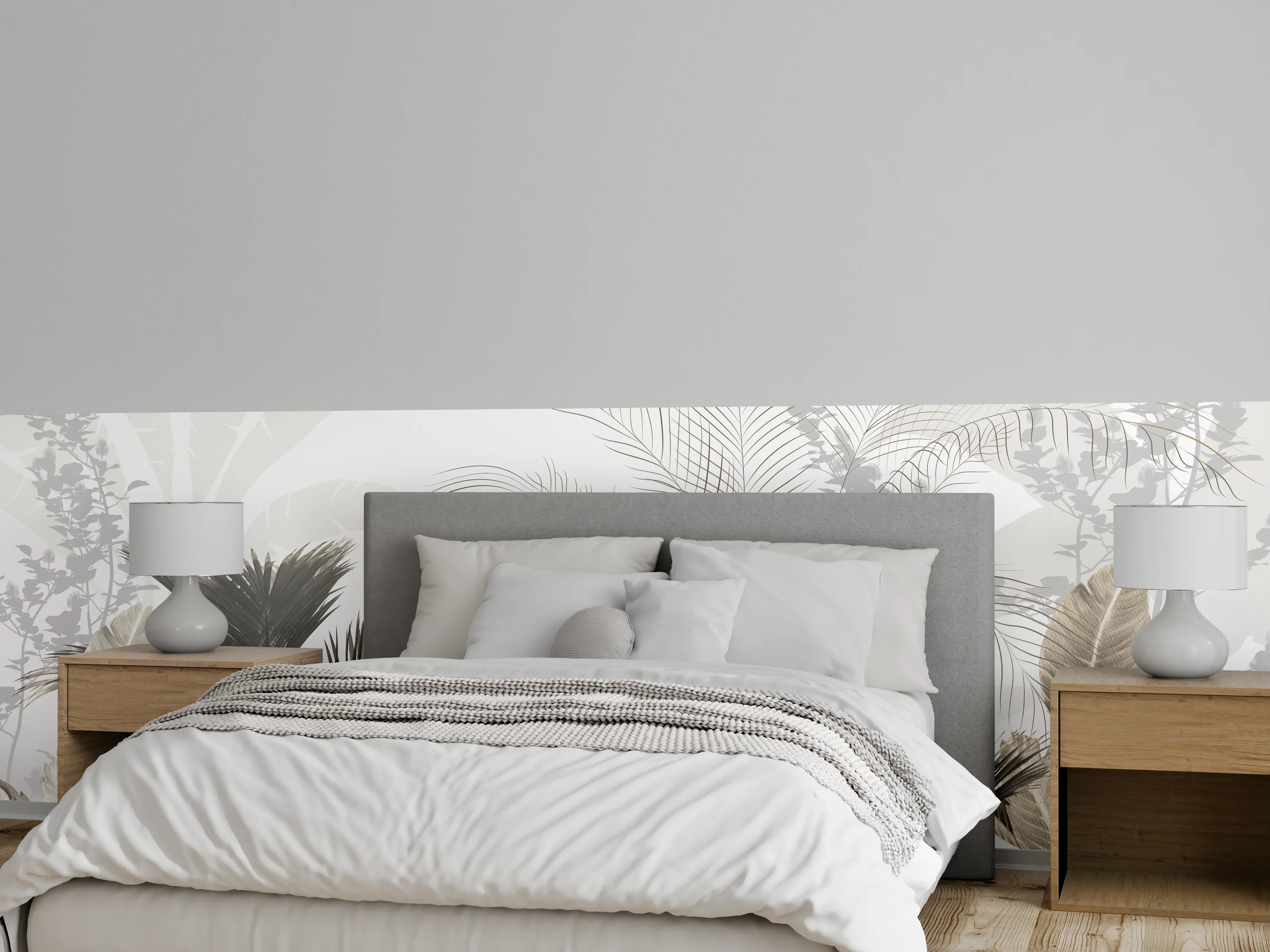 Wandverkleidung Schlafzimmer - Botanischer Weiß-Grau-Dschungel Aquarell