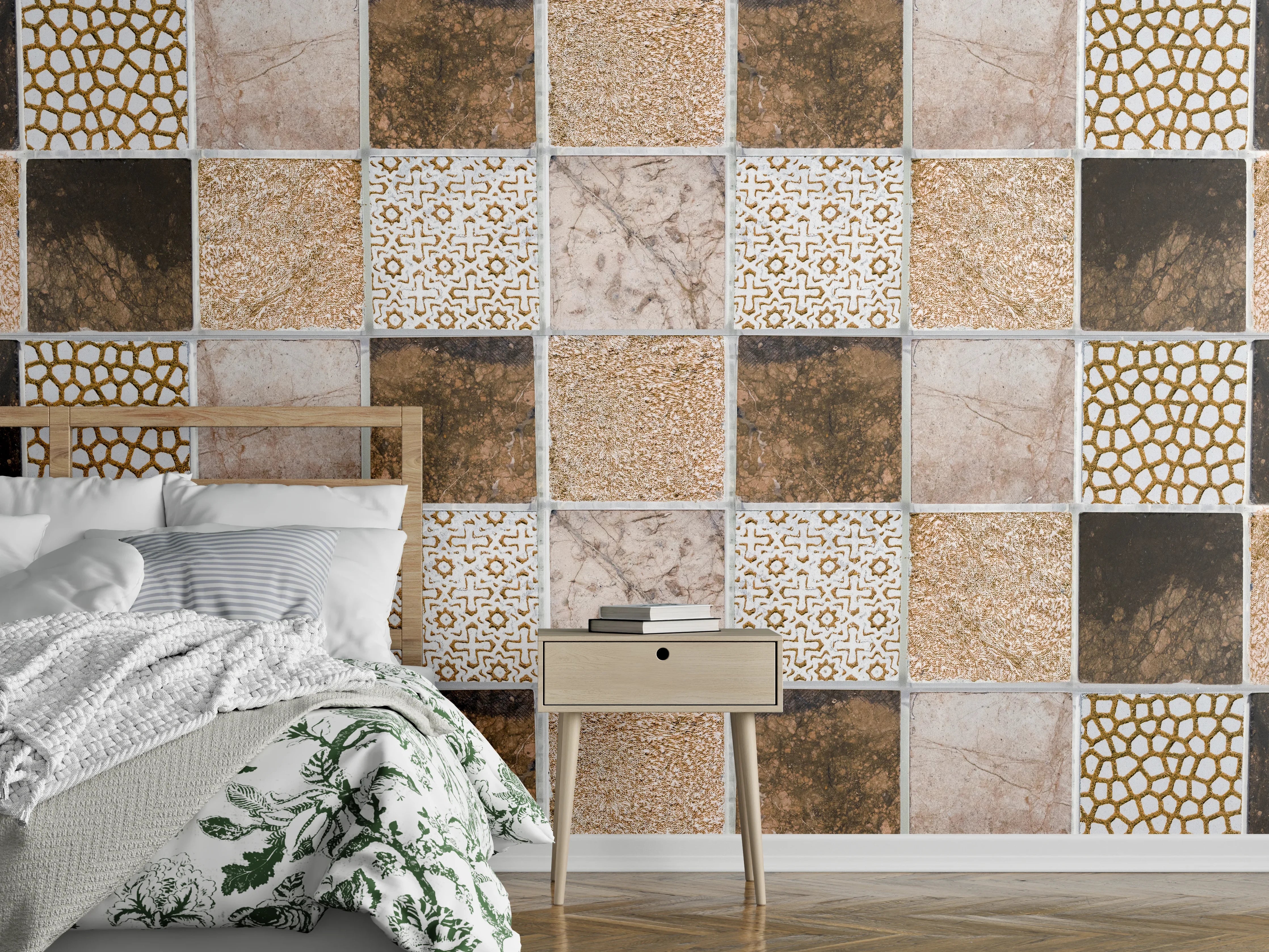 Wandverkleidung Schlafzimmer - Bräunliche quadratische Mosaiktextur 