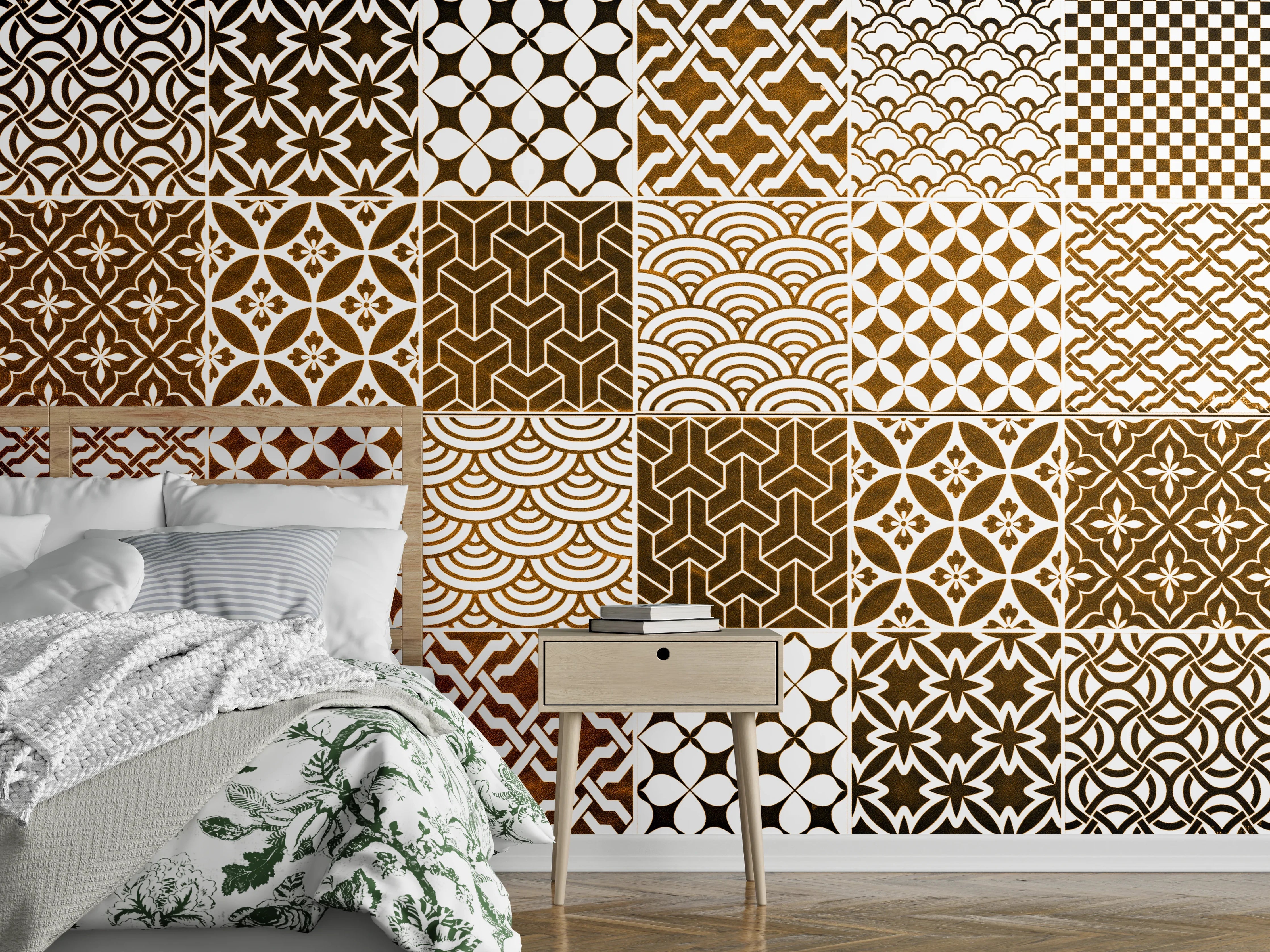 Wandverkleidung Schlafzimmer - Braun-Beige geometrisch Mosaik