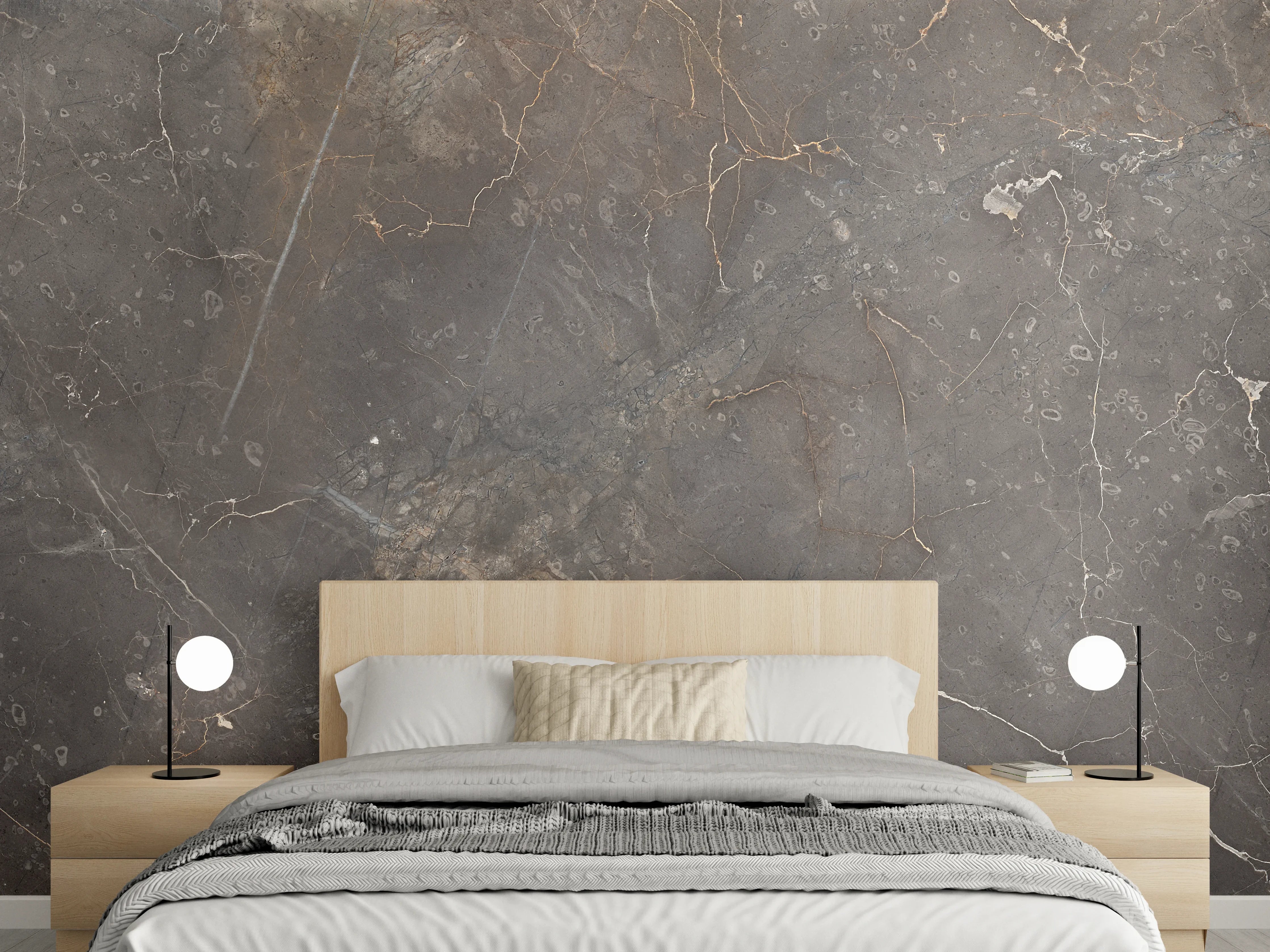 Wandverkleidung Schlafzimmer - Braun-Grauer Marmor mit Adern