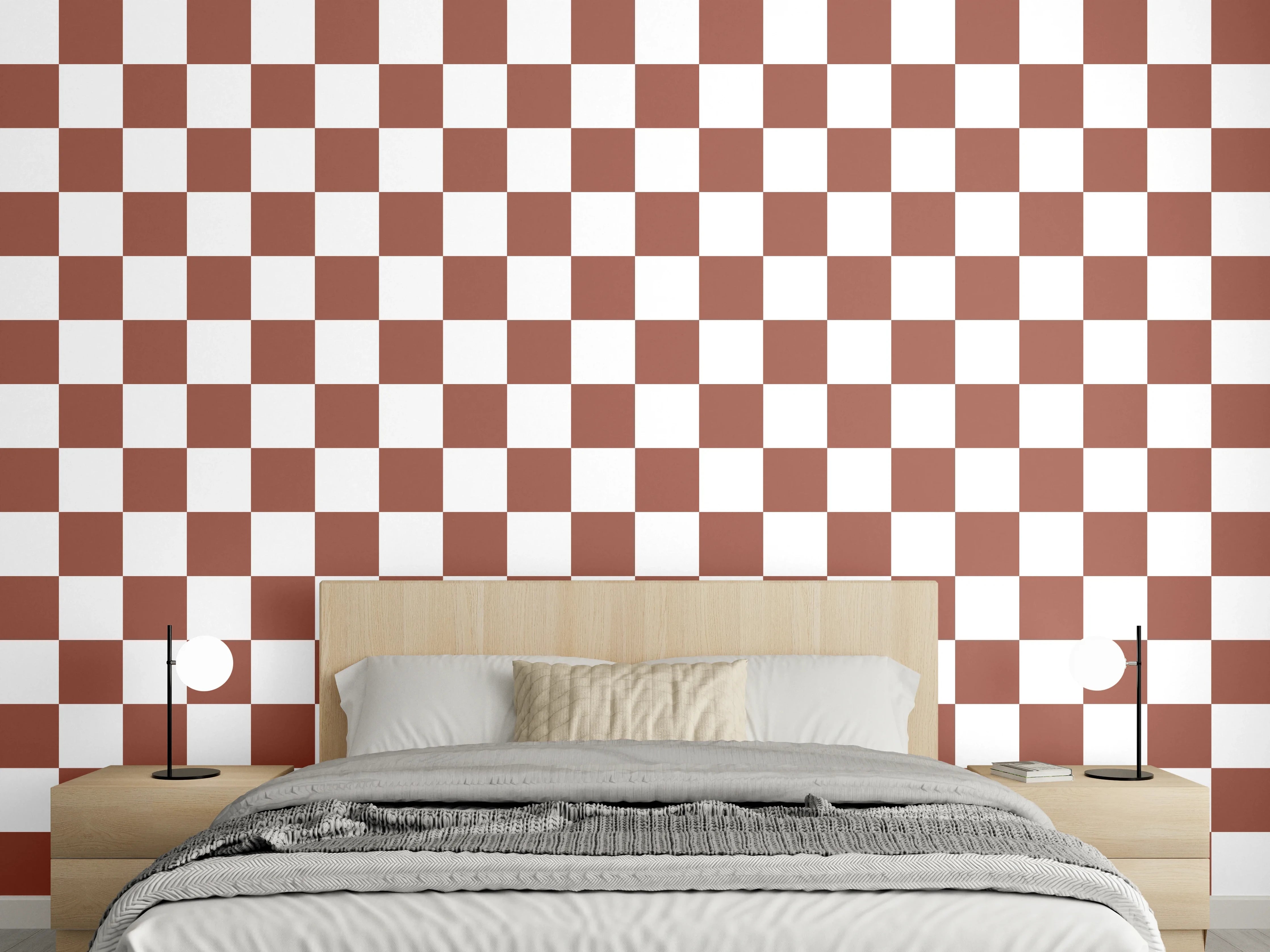 Wandverkleidung Schlafzimmer - Braun-weißes Schachbrett Kachelmuster