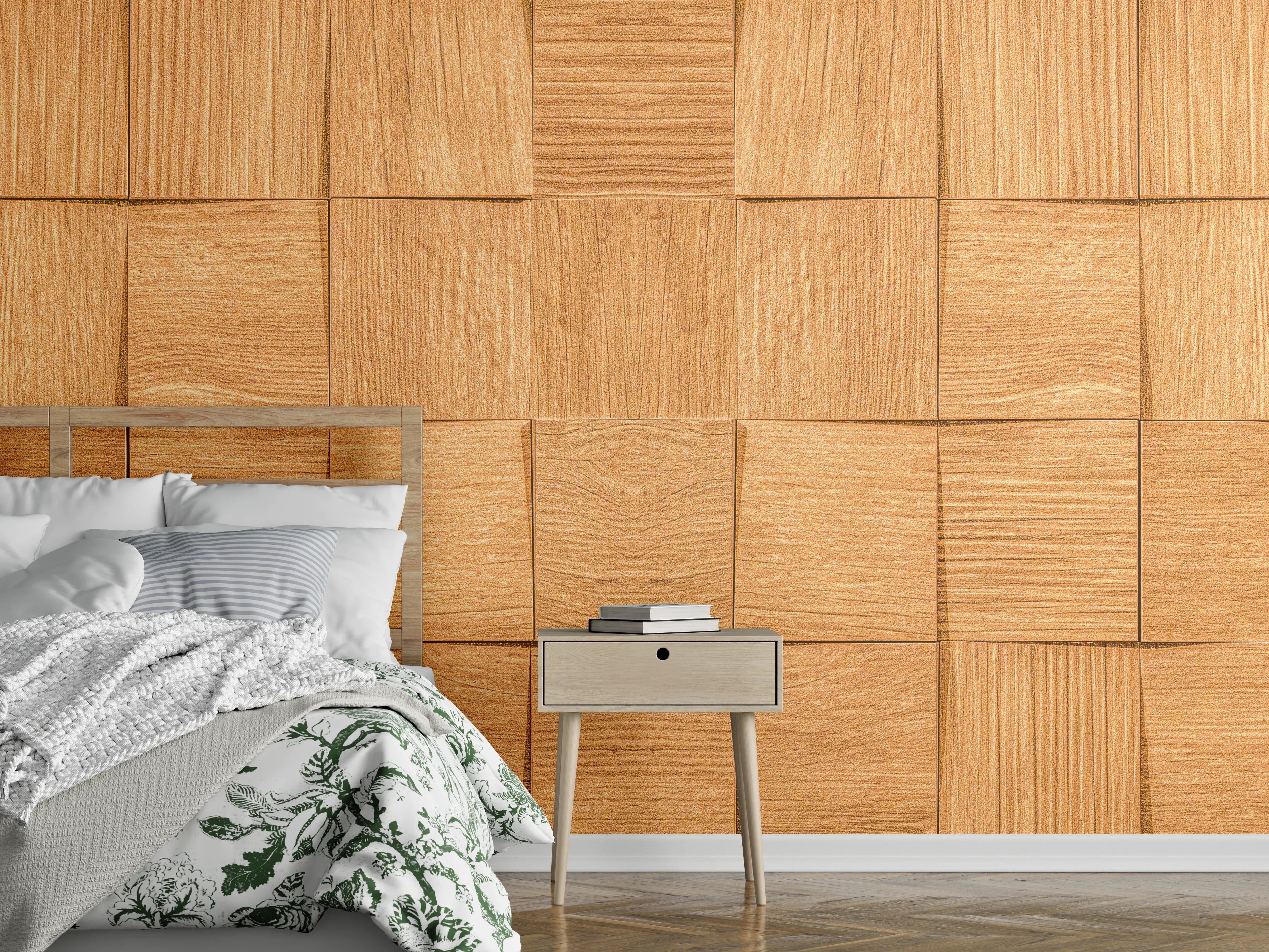 Wandverkleidung Schlafzimmer - Braune Holzwürfeltextur