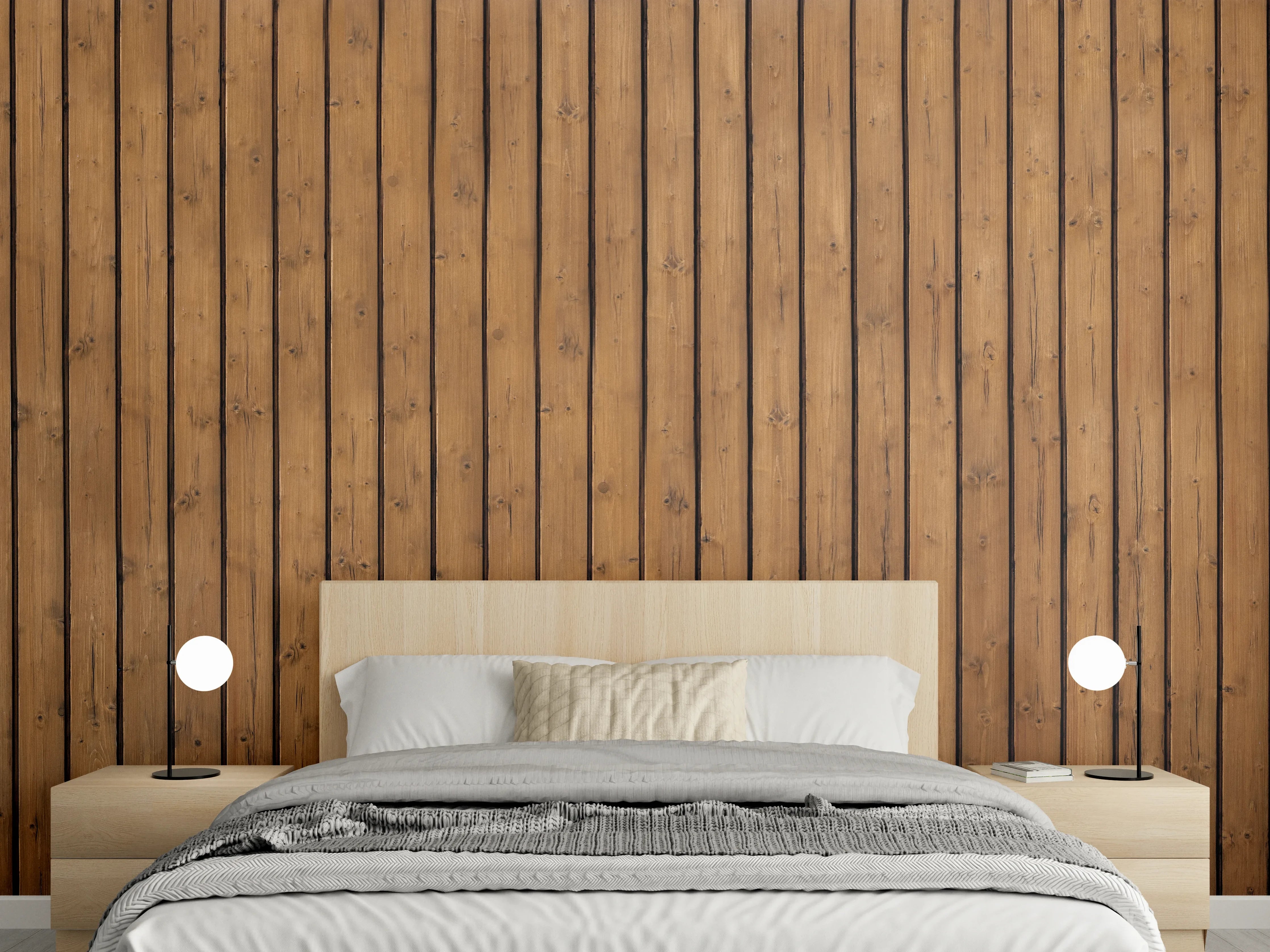 Wandverkleidung Schlafzimmer - Braune vertikale Holzdielen