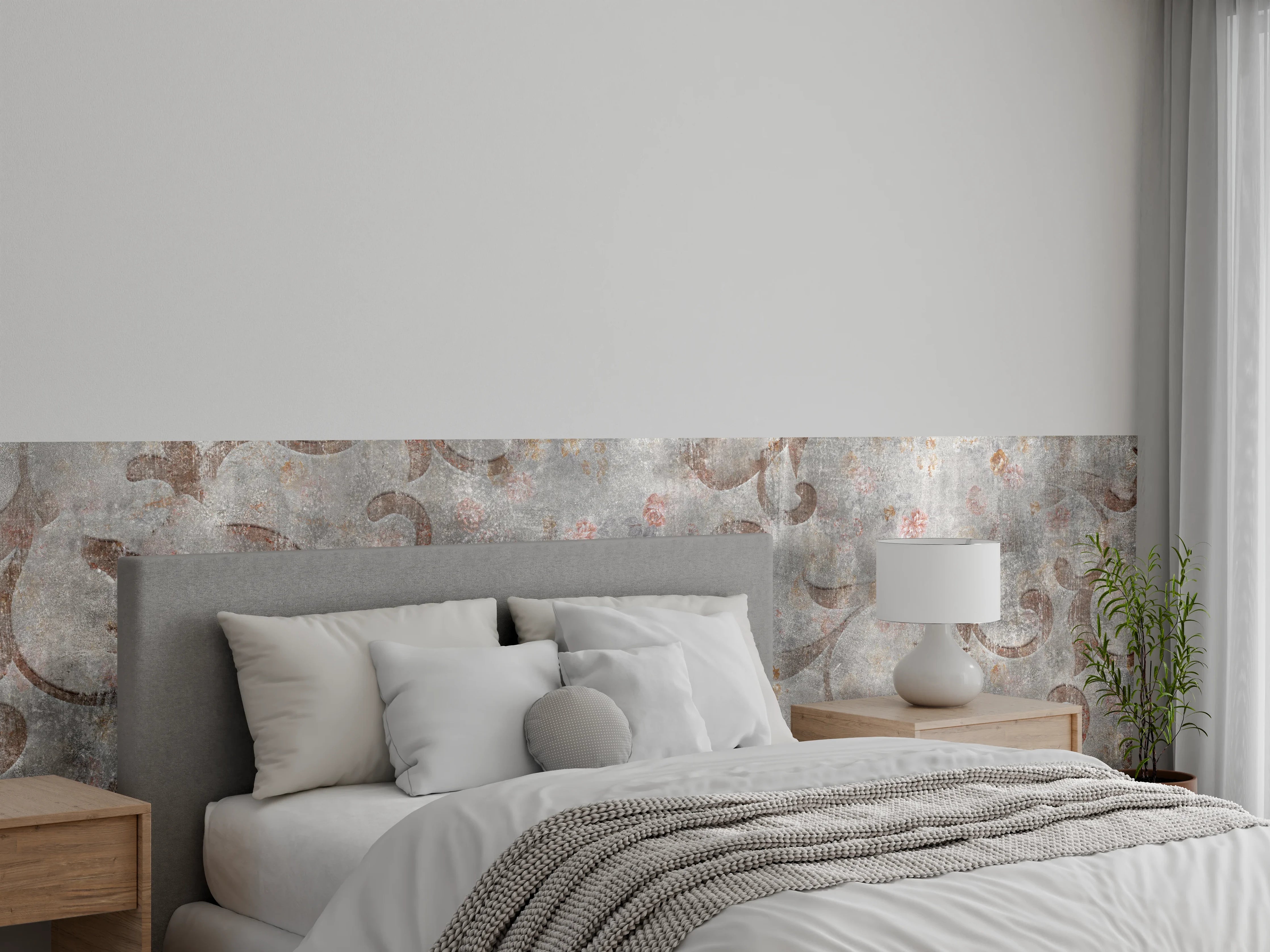 Wandverkleidung Schlafzimmer - Braunes Blätter Muster auf gräulichem Zement
