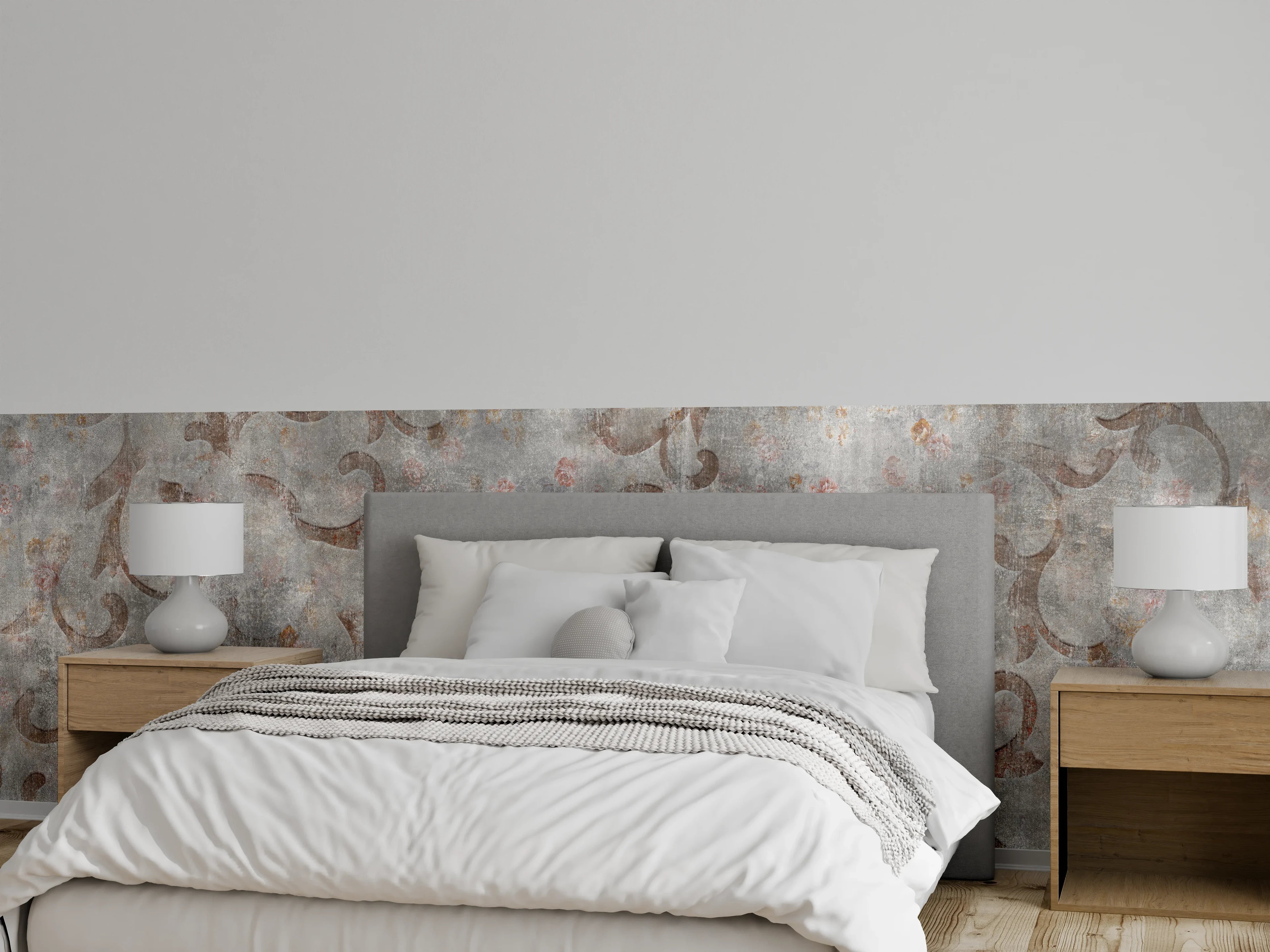 Wandverkleidung Schlafzimmer - Braunes Blätter Muster auf gräulichem Zement