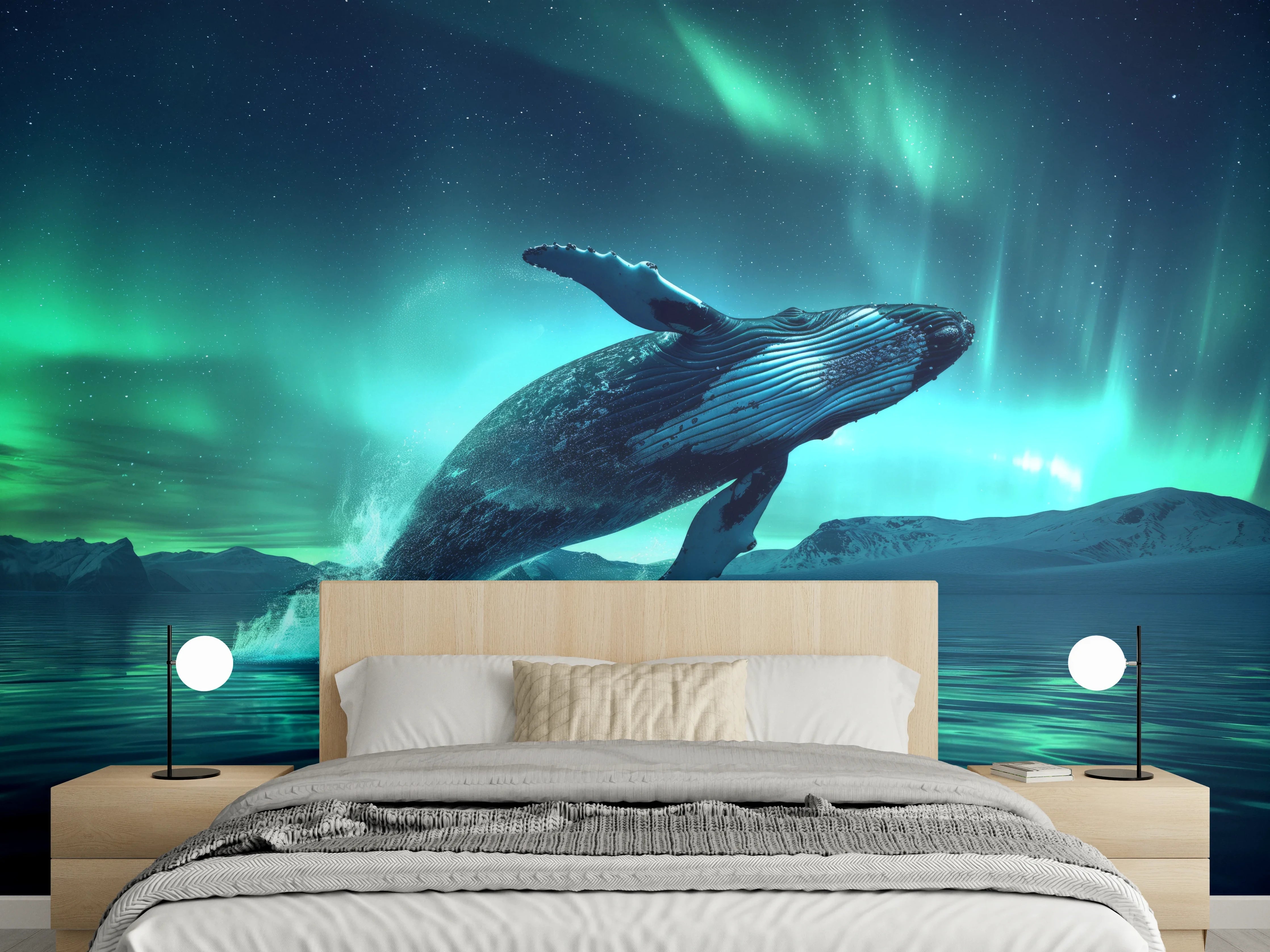Wandverkleidung Schlafzimmer - Buckelwal unter Nordlicht Türkis