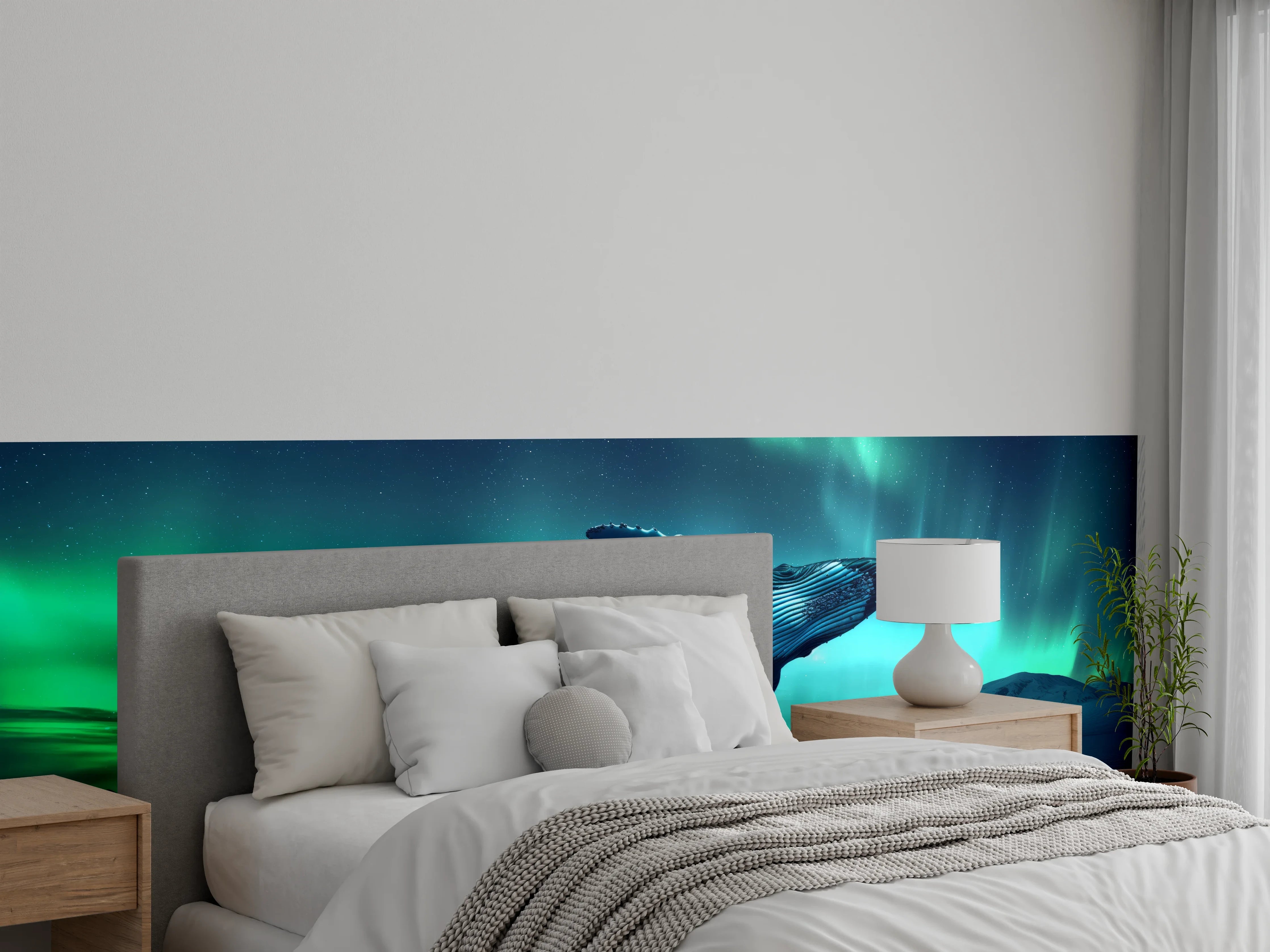 Wandverkleidung Schlafzimmer - Buckelwal unter Nordlicht Türkis