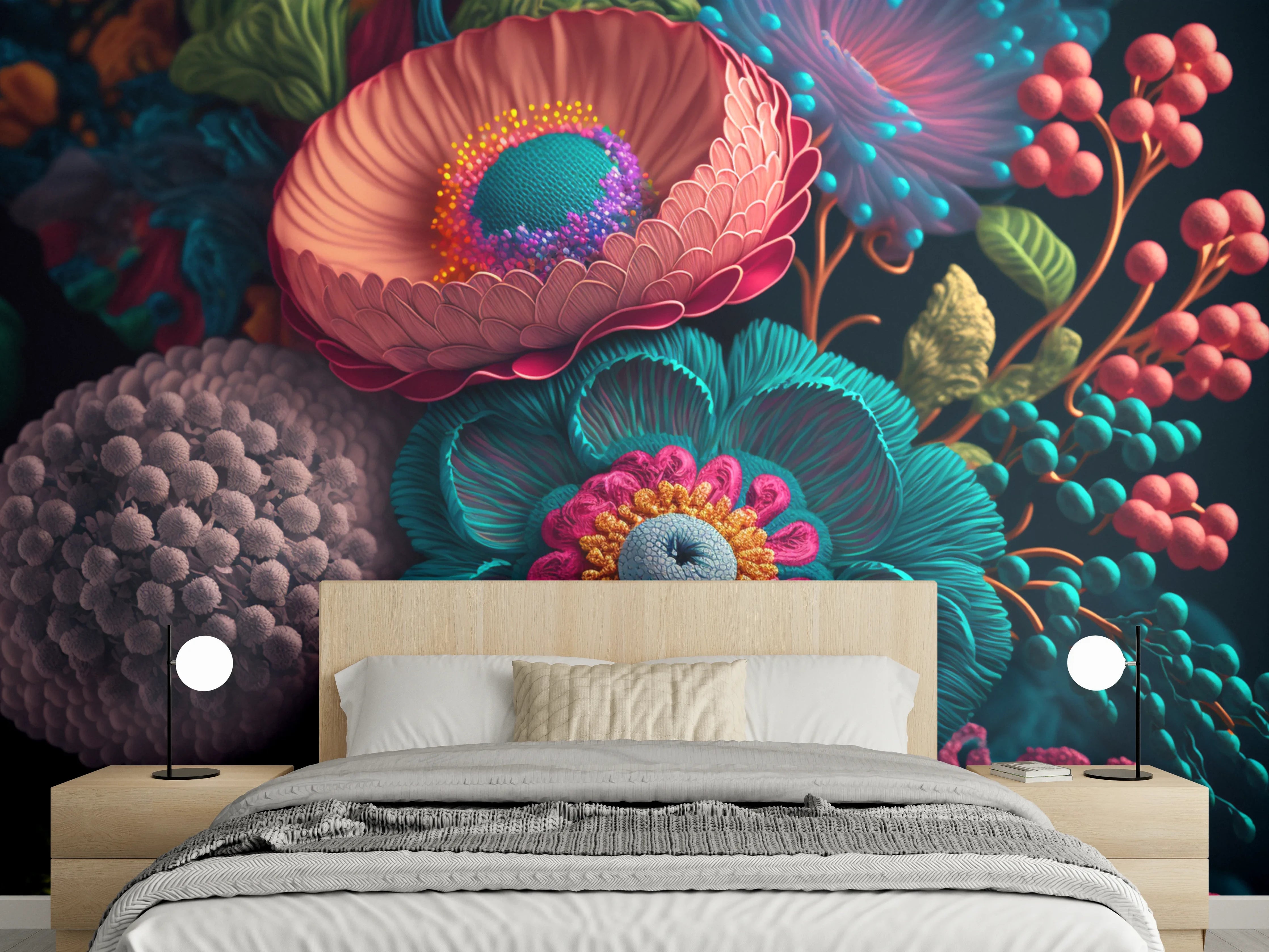 Wandverkleidung Schlafzimmer - Bunte 3D-Blumen Komposition als Kunstfoto