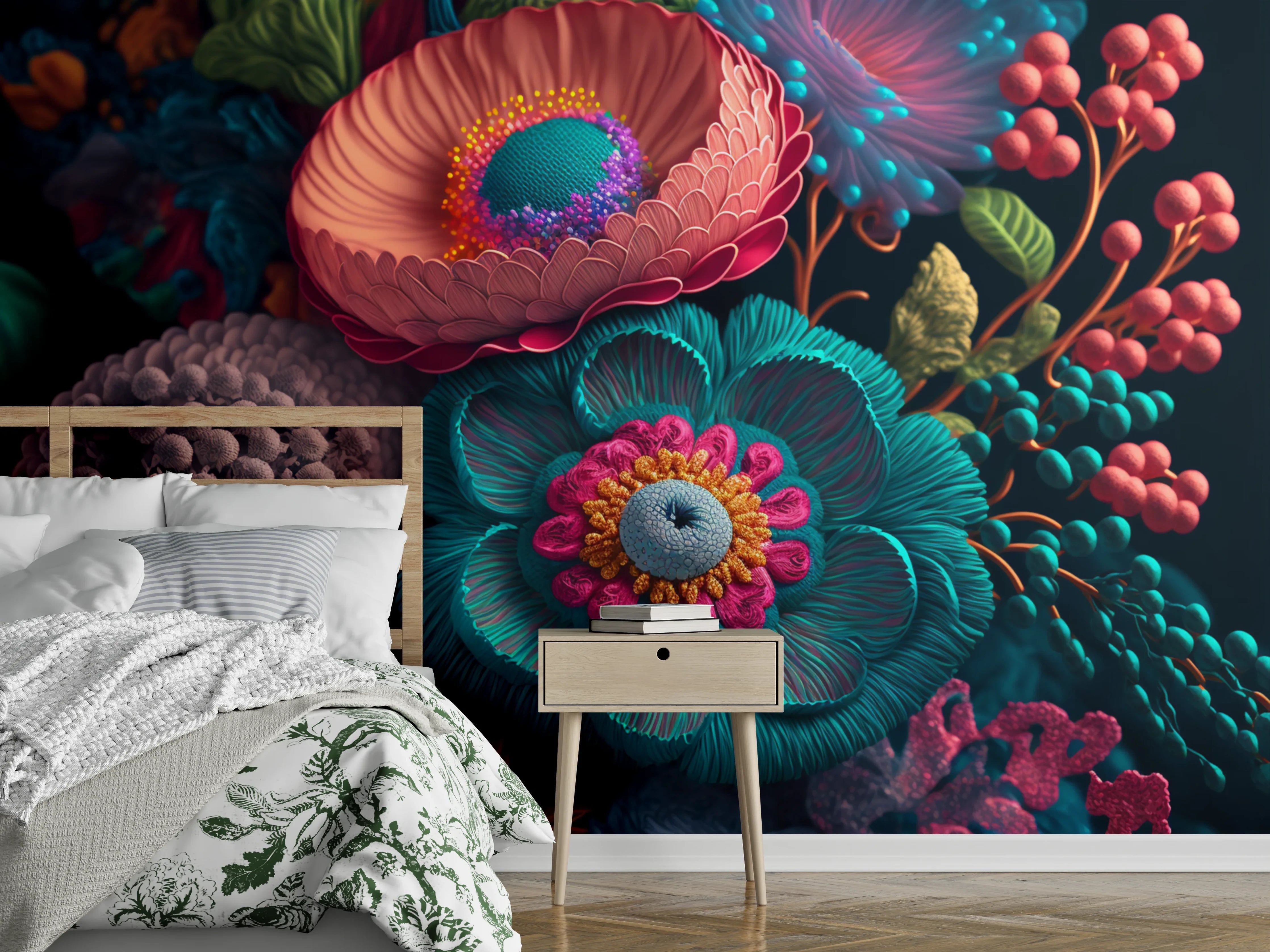 Wandverkleidung Schlafzimmer - Bunte 3D-Blumen Komposition als Kunstfoto