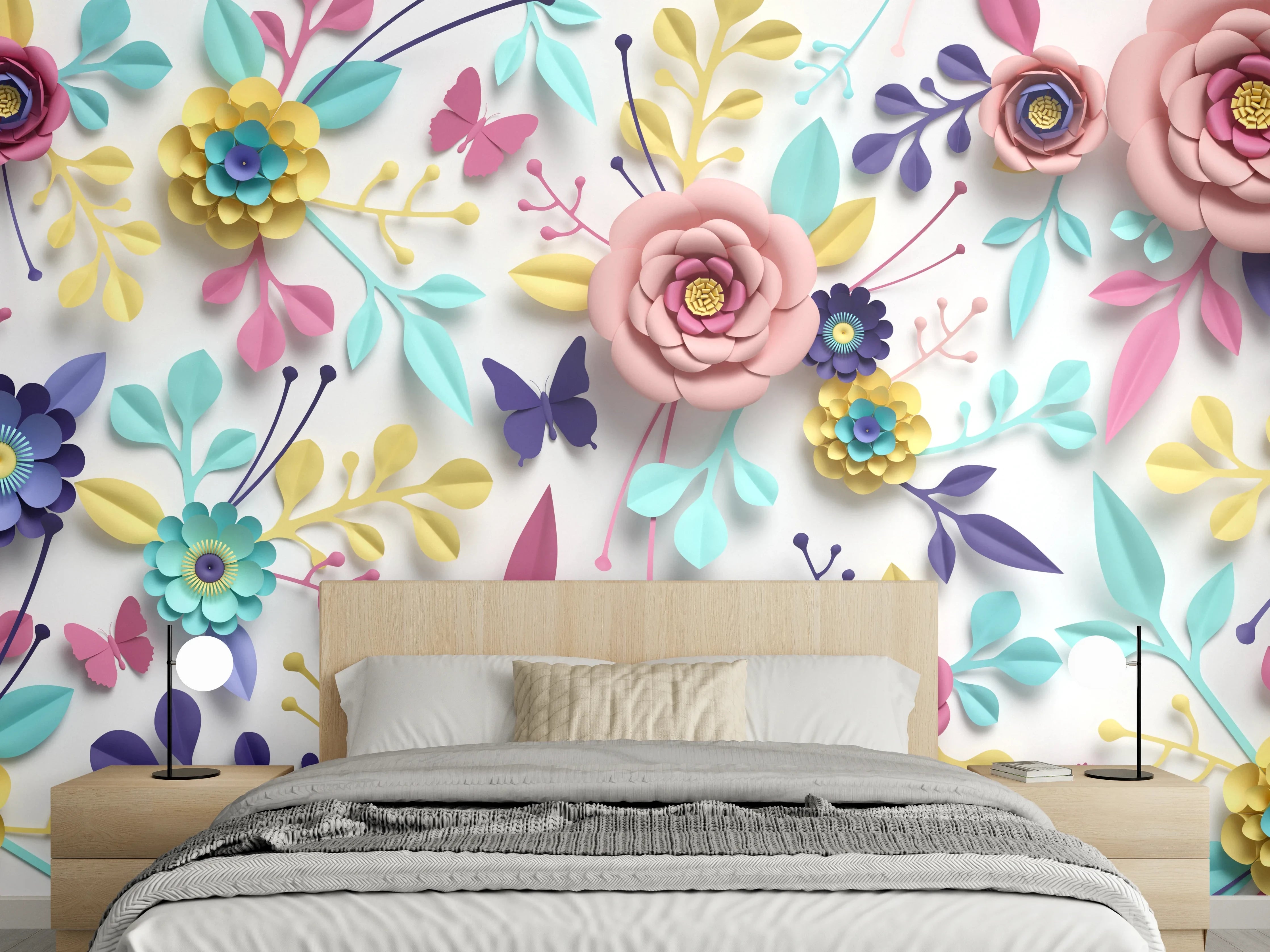 Wandverkleidung Schlafzimmer - Bunte 3D-Blumen und Schmetterlinge Wanddekor