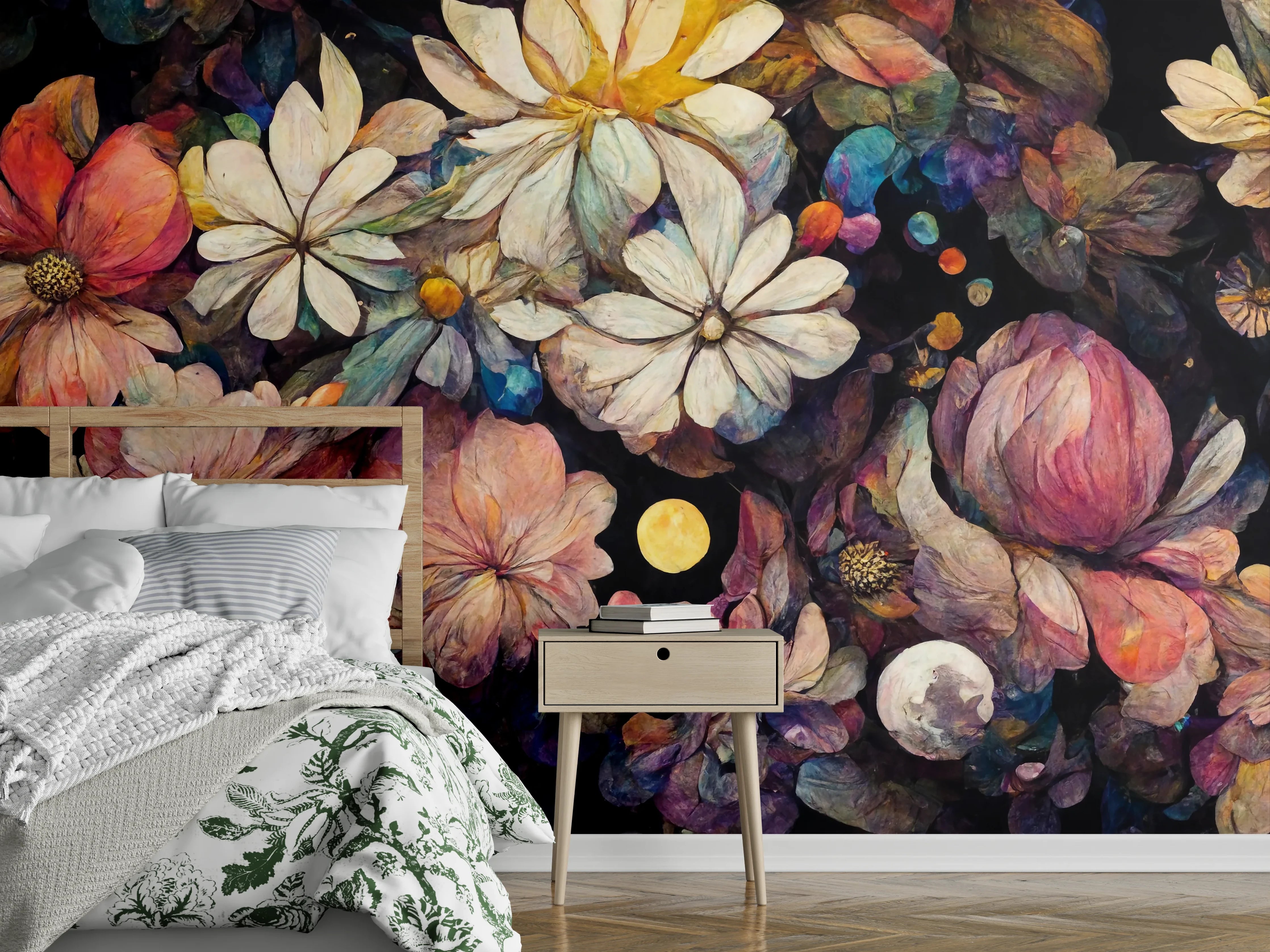 Wandverkleidung Schlafzimmer - Bunte Blütenpracht – florales Kunstwerk