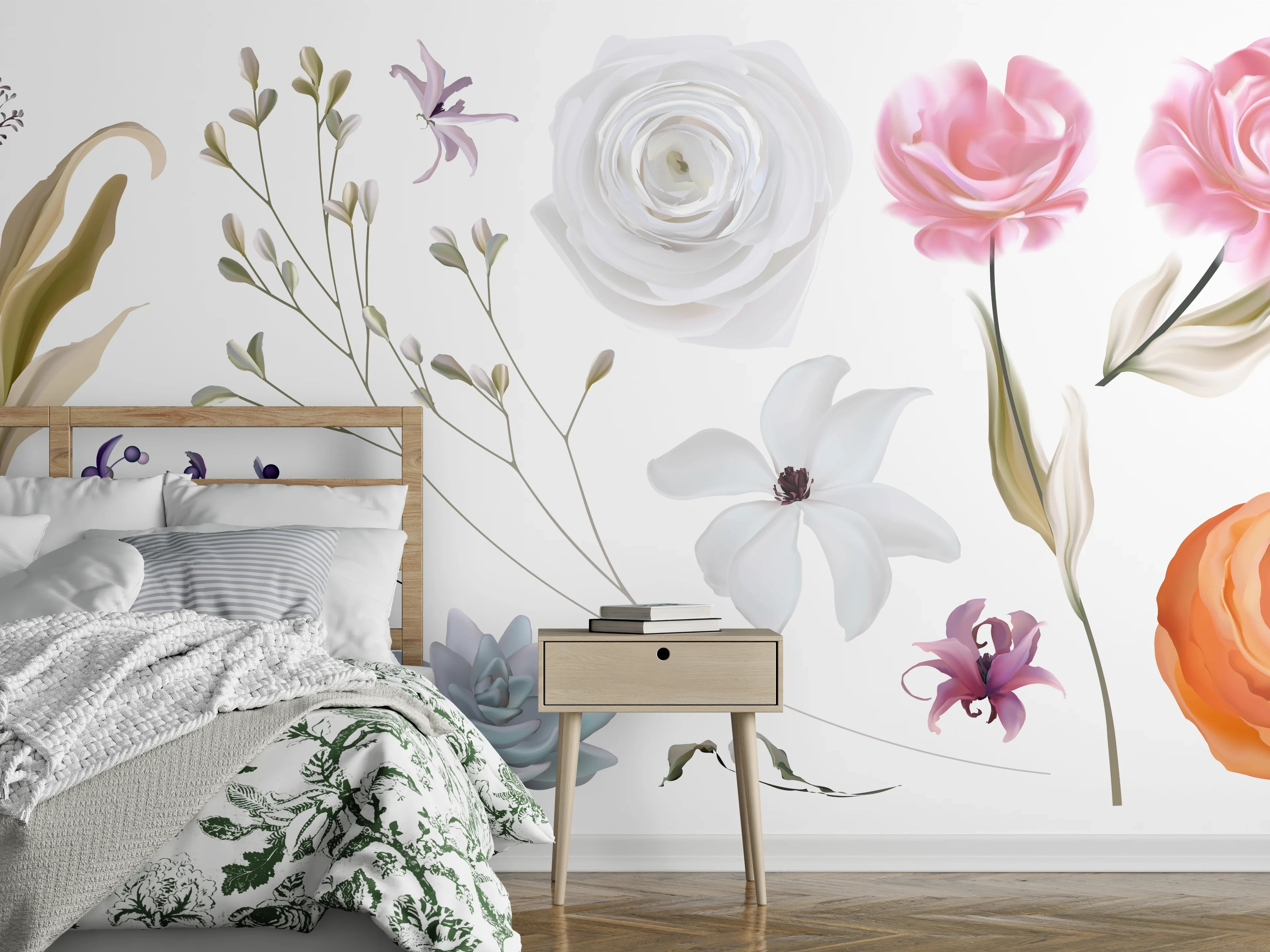 Wandverkleidung Schlafzimmer - Bunte Blumenillustrationen Set