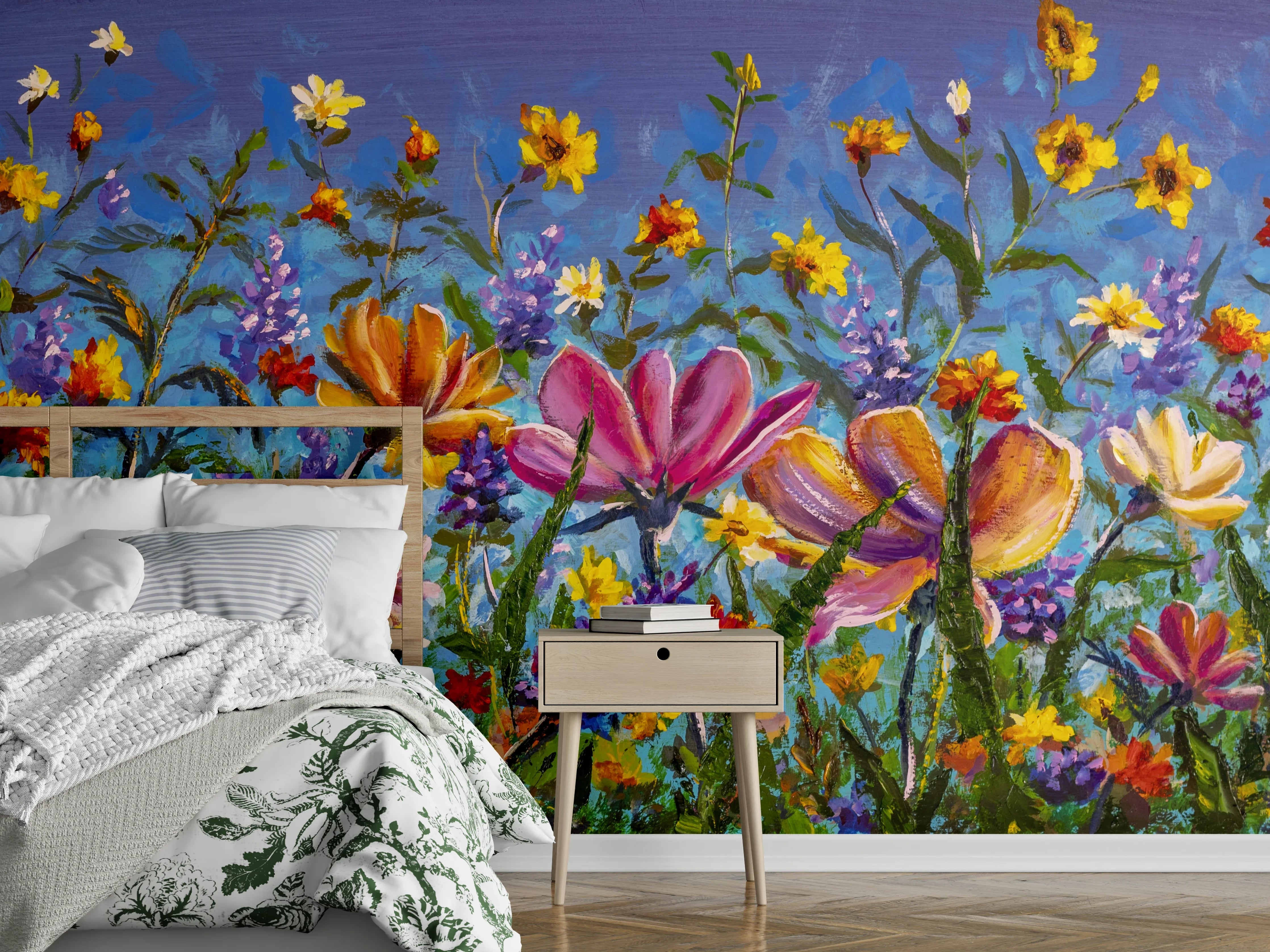 Wandverkleidung Schlafzimmer - Bunte Blumenwiese Malerei Poster