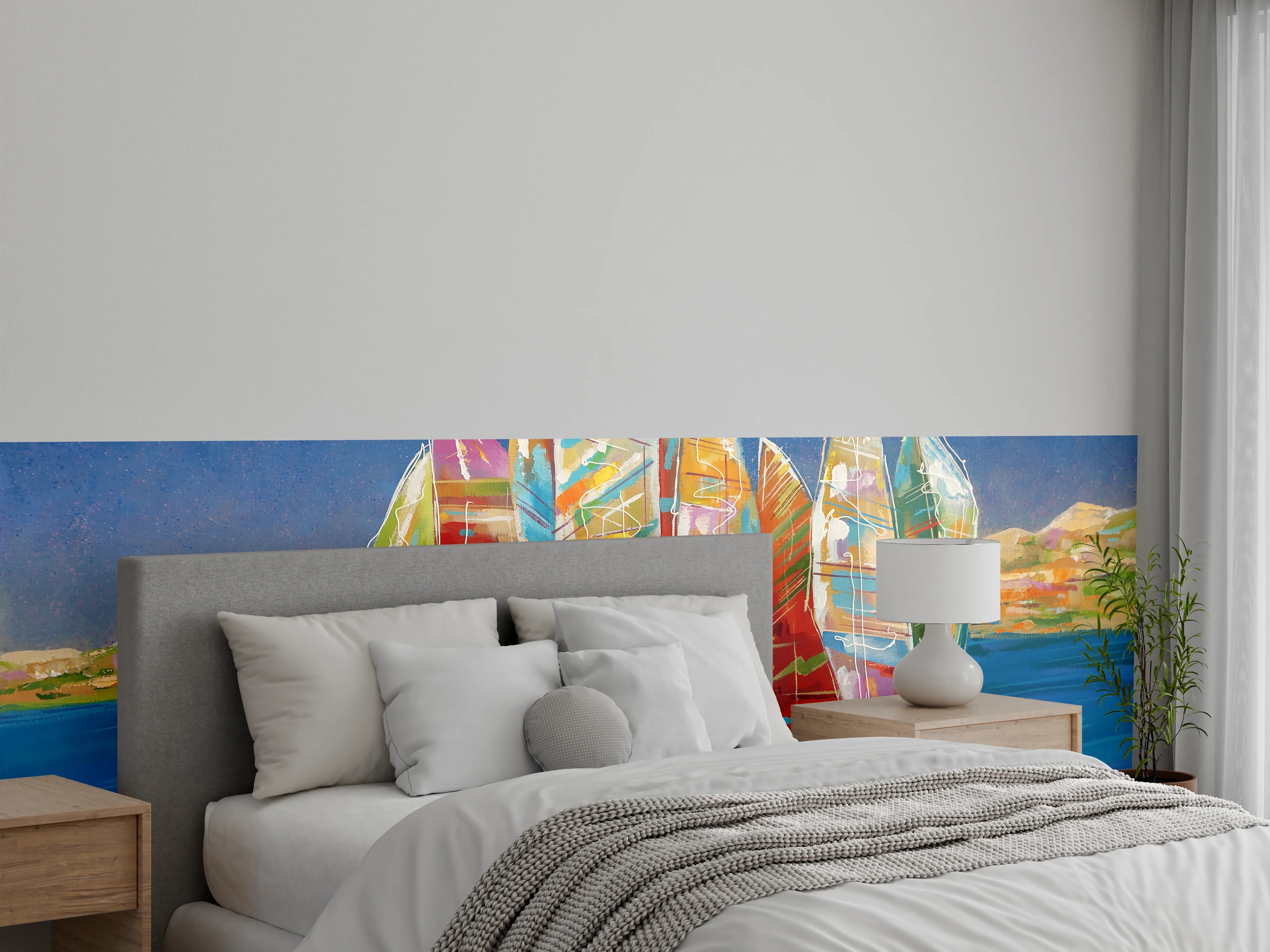 Wandverkleidung Schlafzimmer - Bunte Boote auf dem Meer - Ölgemälde