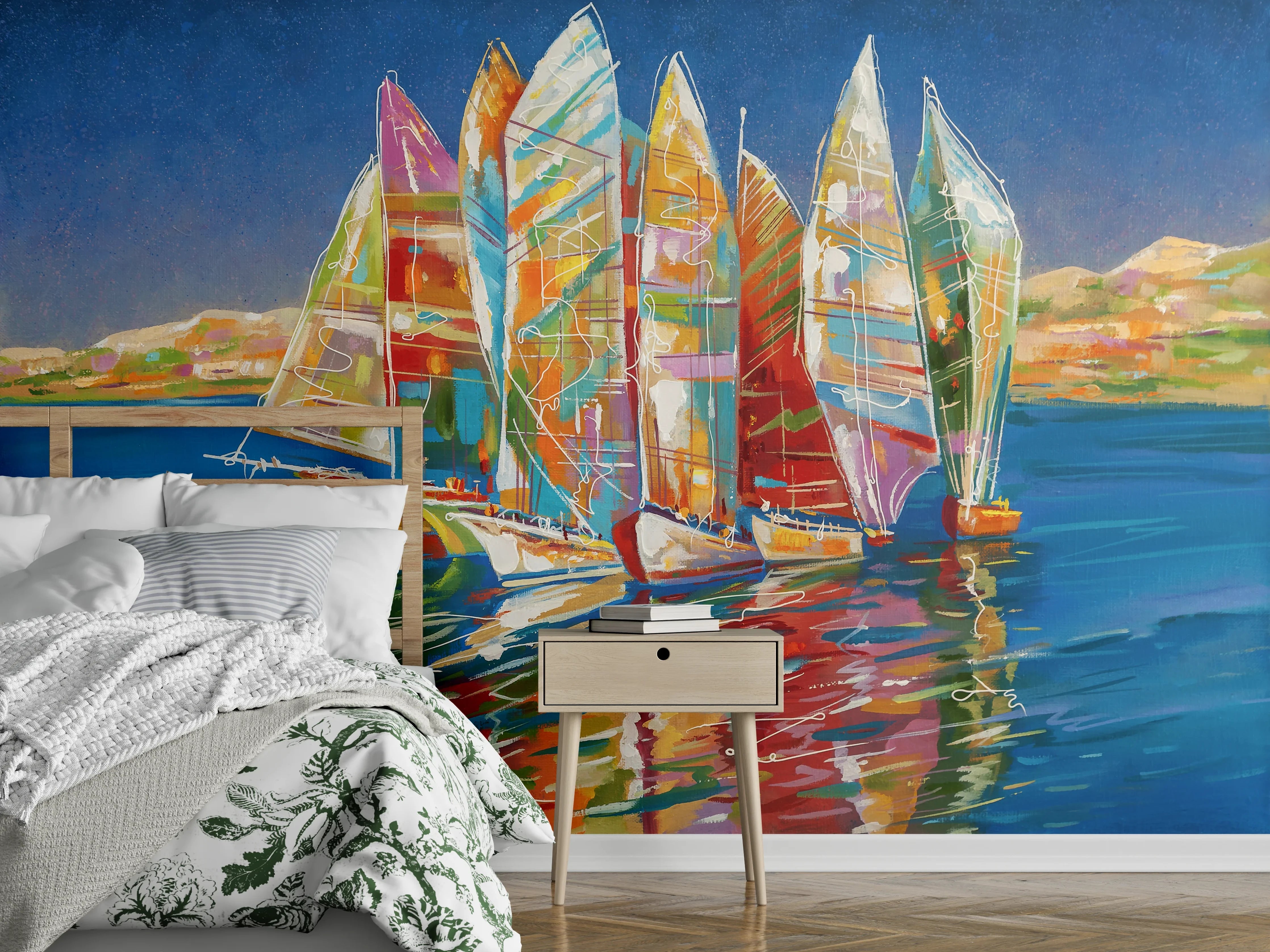 Wandverkleidung Schlafzimmer - Bunte Boote auf dem Meer - Ölgemälde