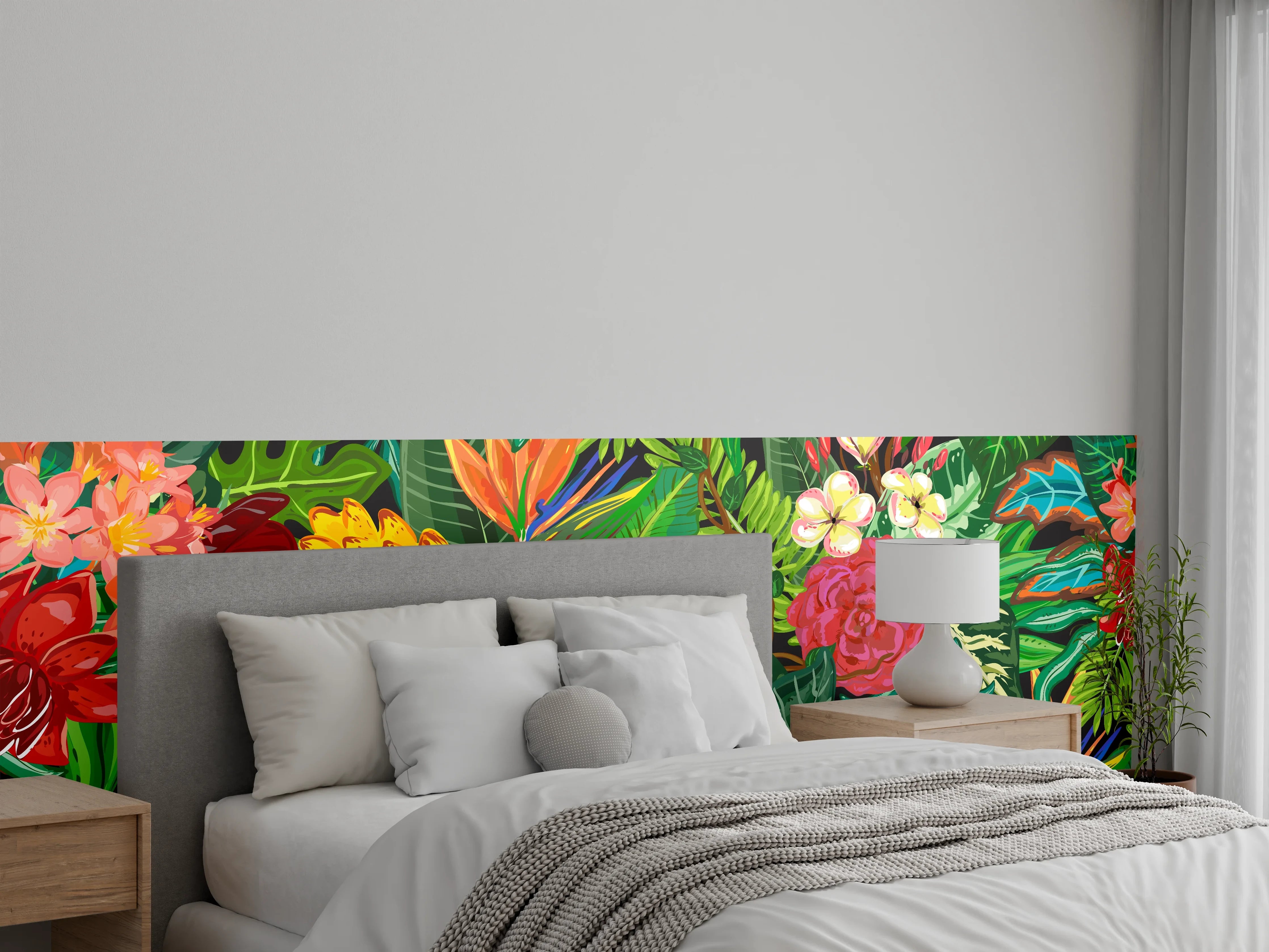 Wandverkleidung Schlafzimmer - Bunte Dschungel-Muster-Tapete