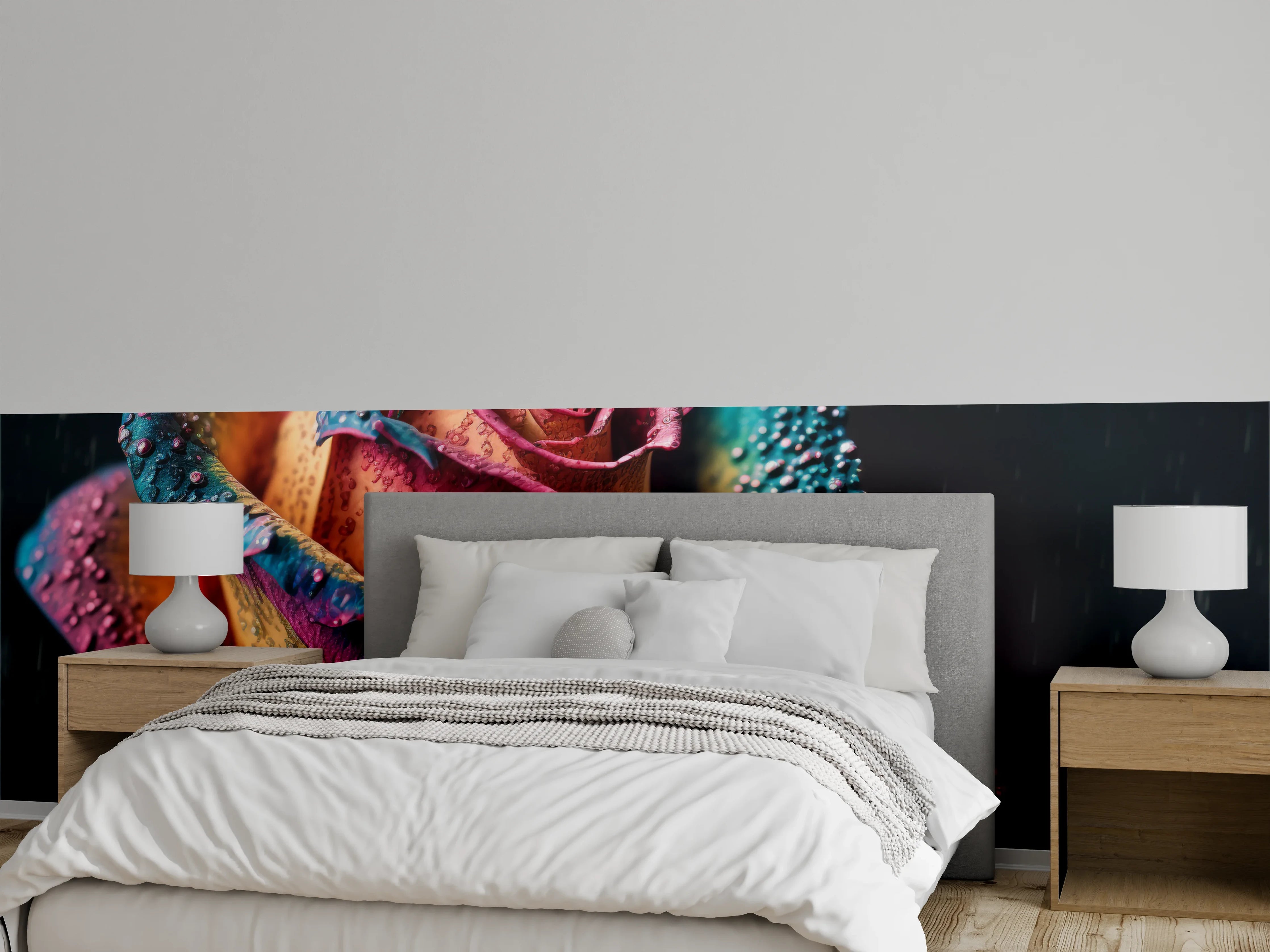 Wandverkleidung Schlafzimmer - Bunte Fantasie-Rose mit Regentropfen