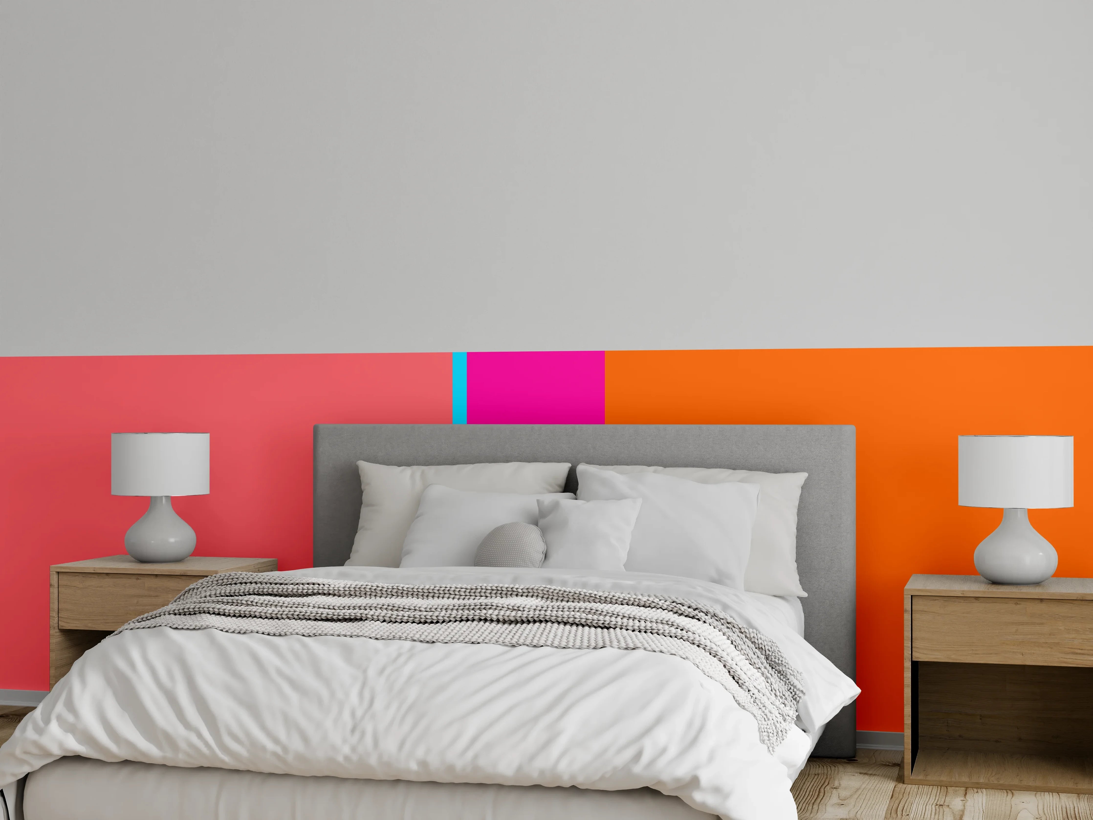 Wandverkleidung Schlafzimmer - Bunte Farbexplosion in Pink, Blau und Orange