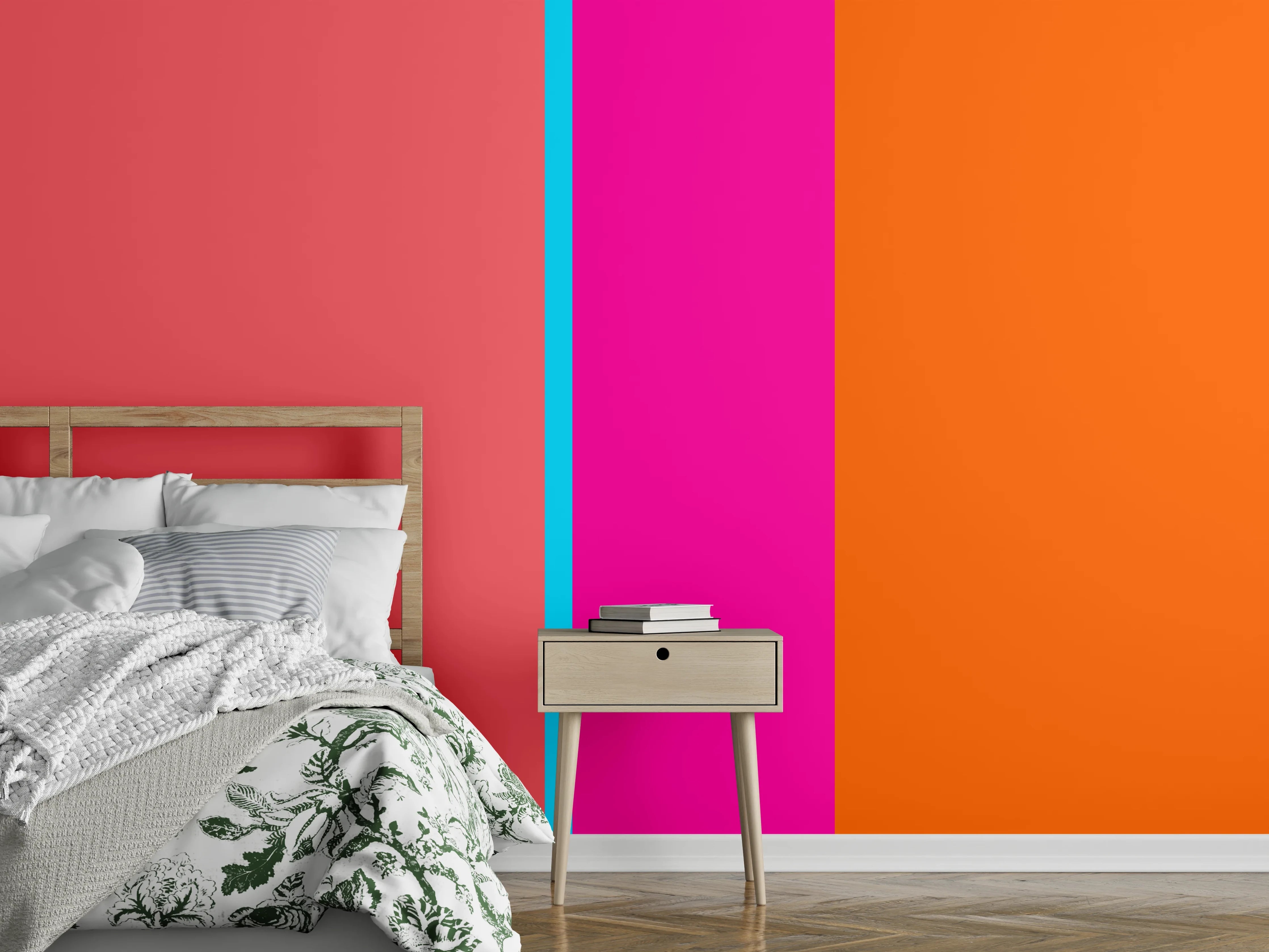 Wandverkleidung Schlafzimmer - Bunte Farbexplosion in Pink, Blau und Orange