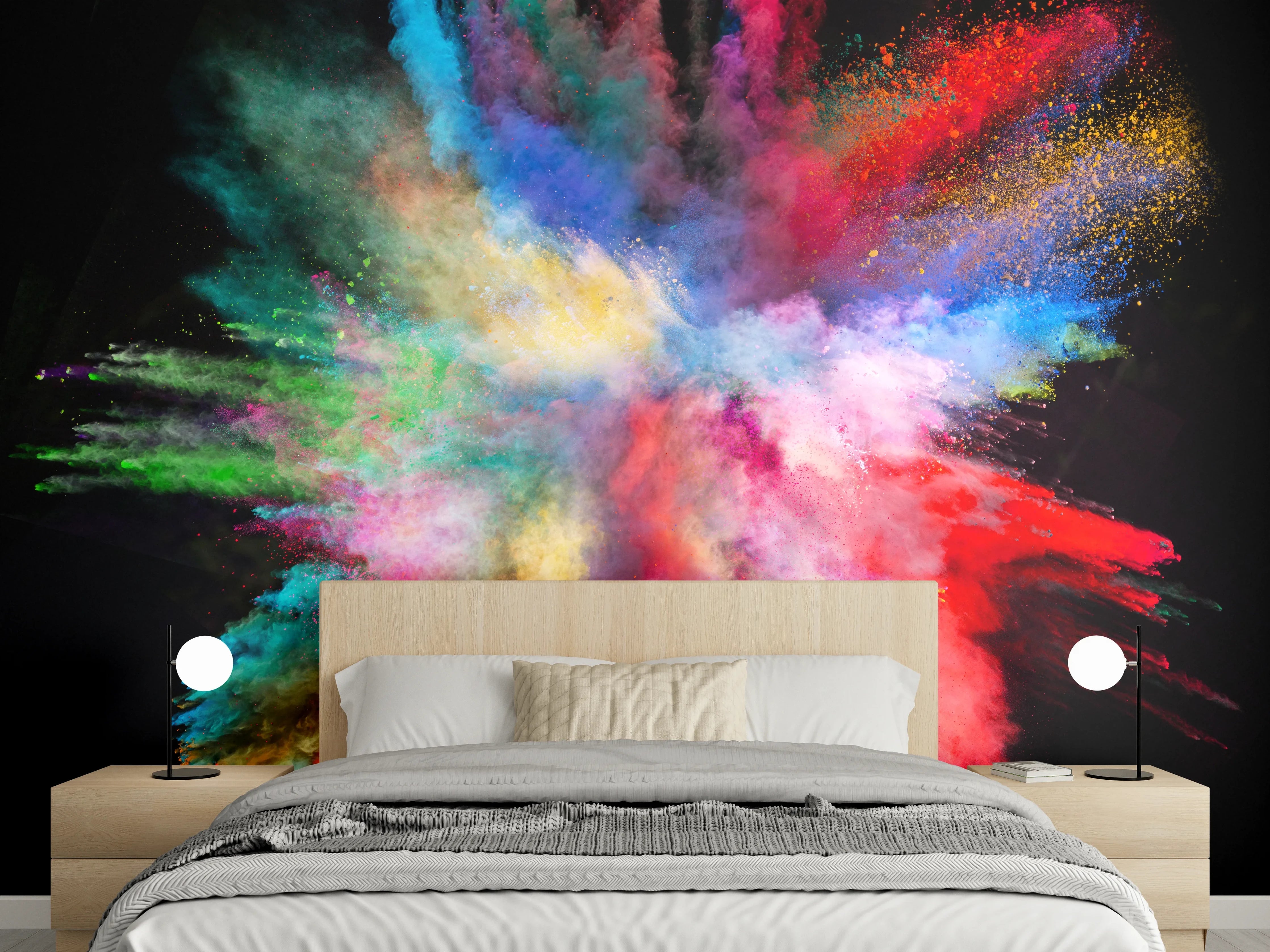 Wandverkleidung Schlafzimmer - Bunte Farbpulver Explosion Wandkunst