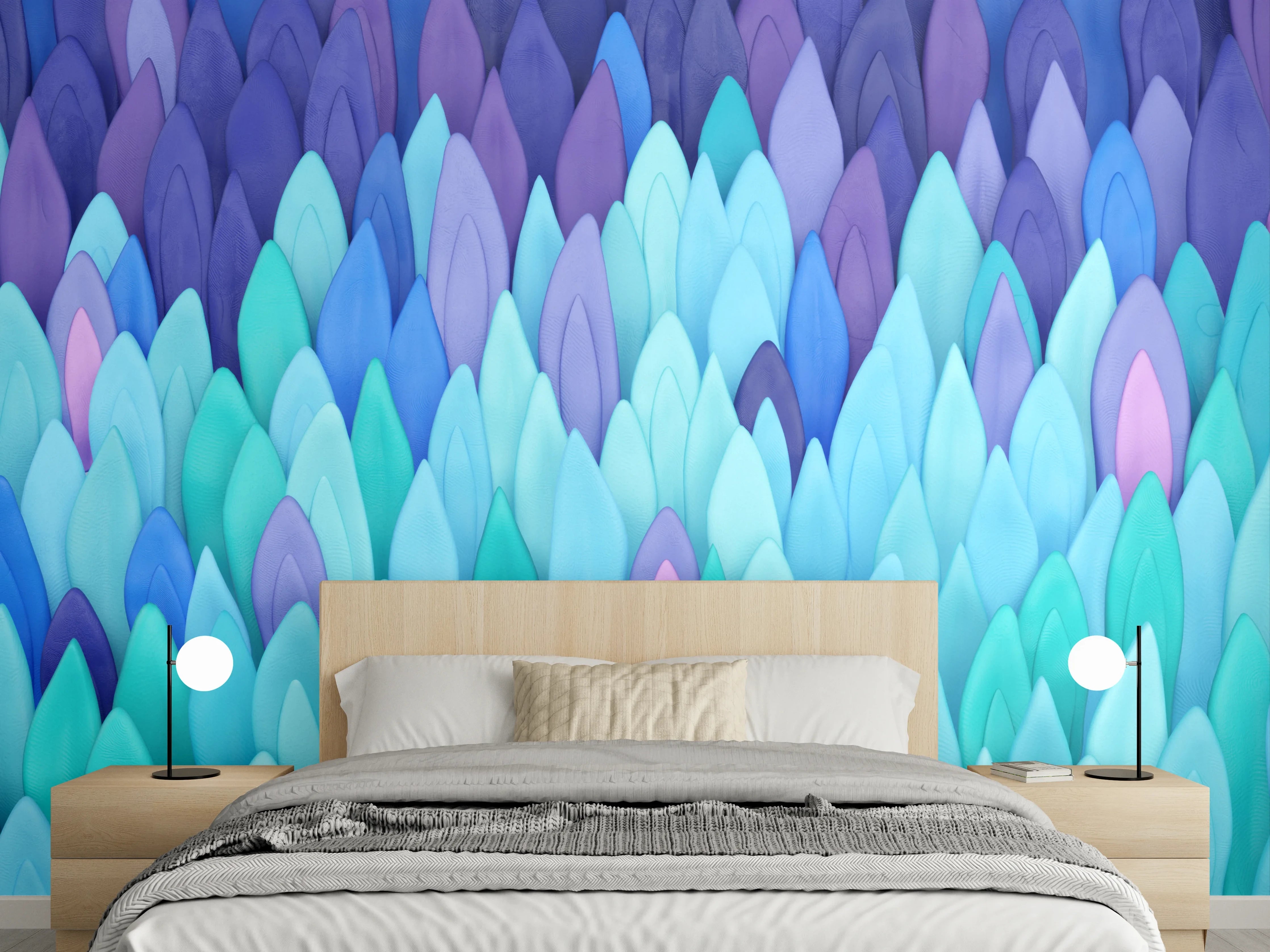 Wandverkleidung Schlafzimmer - Bunte Federn abstraktes Wanddesign