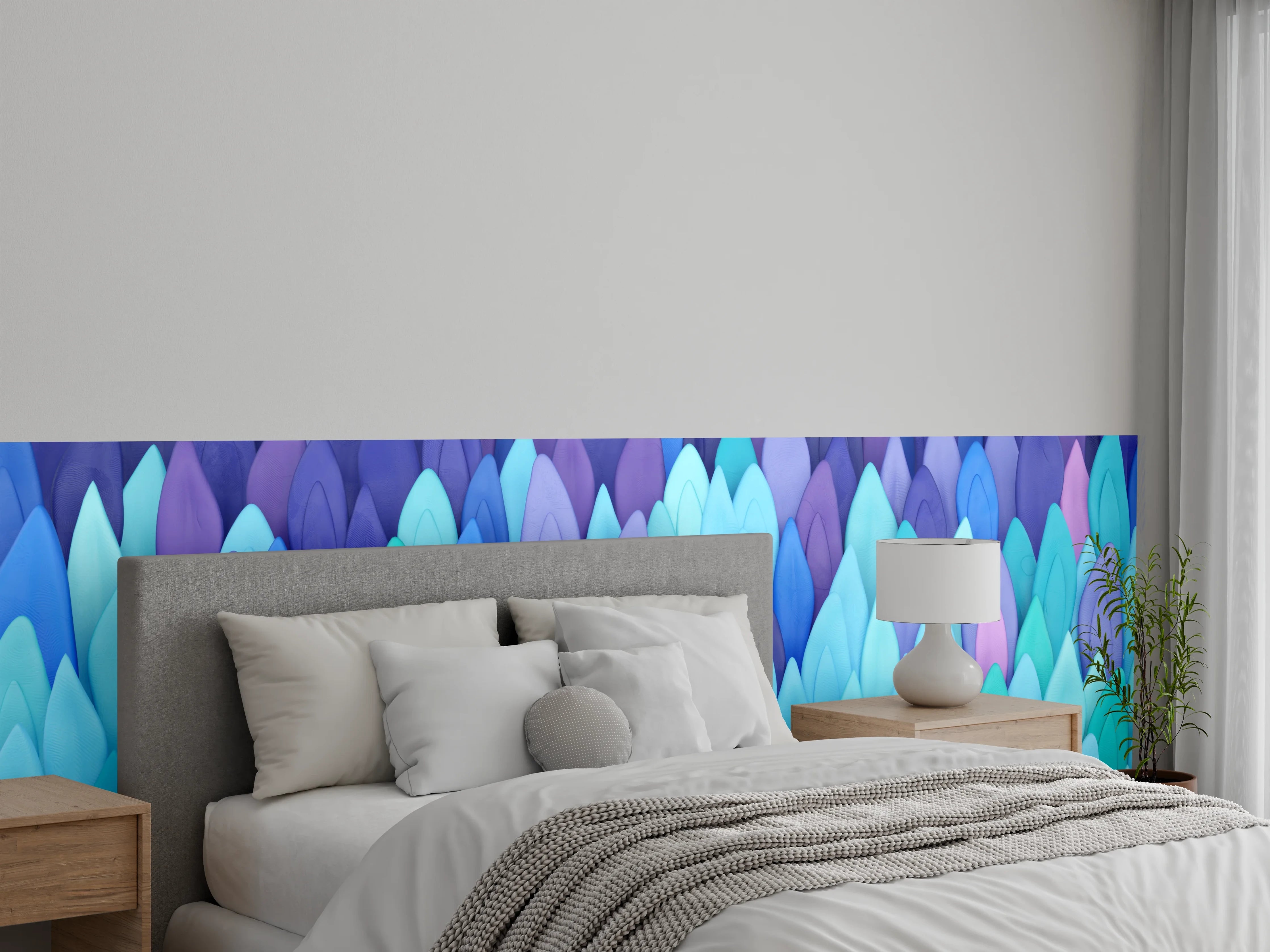 Wandverkleidung Schlafzimmer - Bunte Federn abstraktes Wanddesign