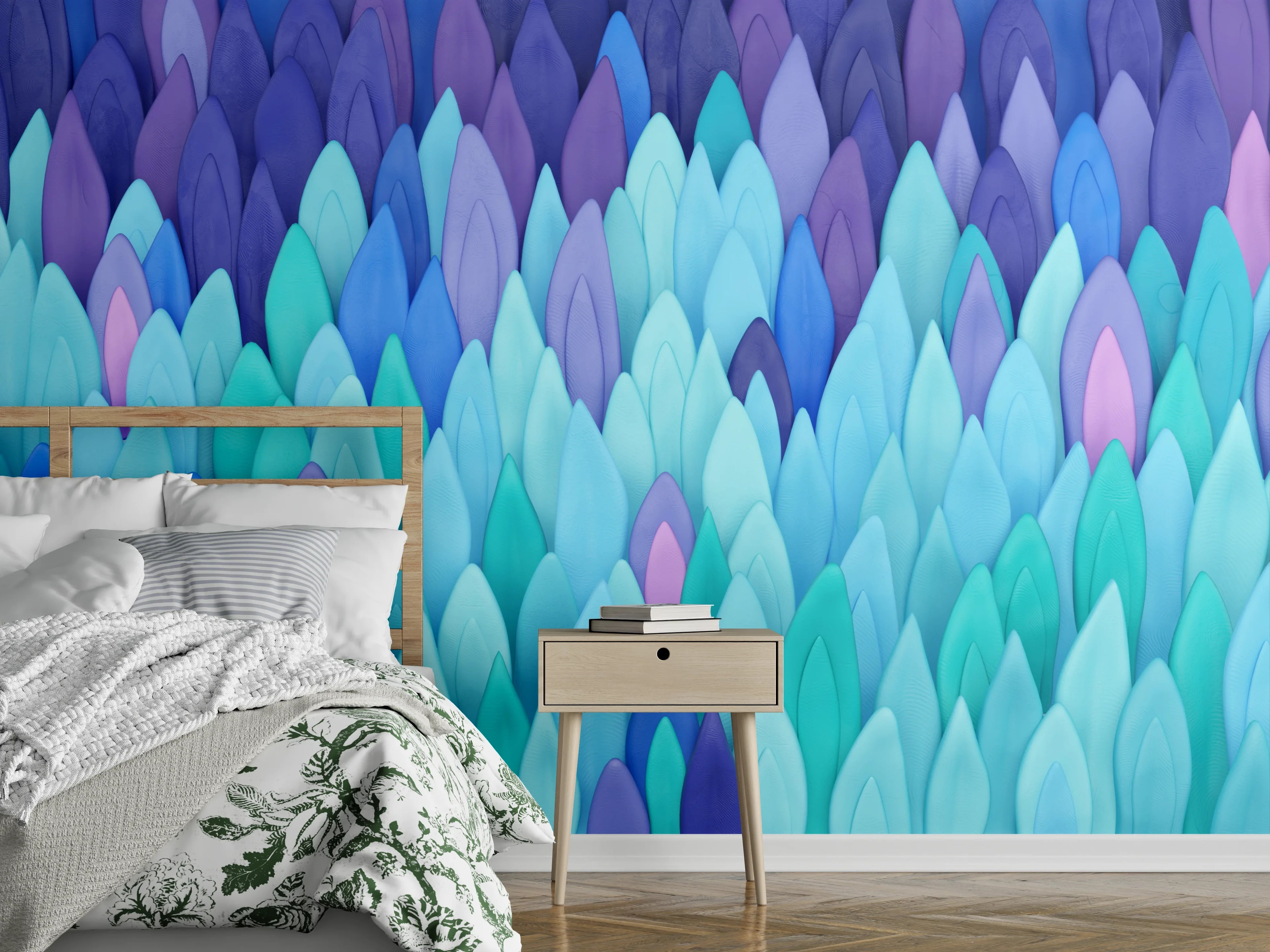 Wandverkleidung Schlafzimmer - Bunte Federn abstraktes Wanddesign