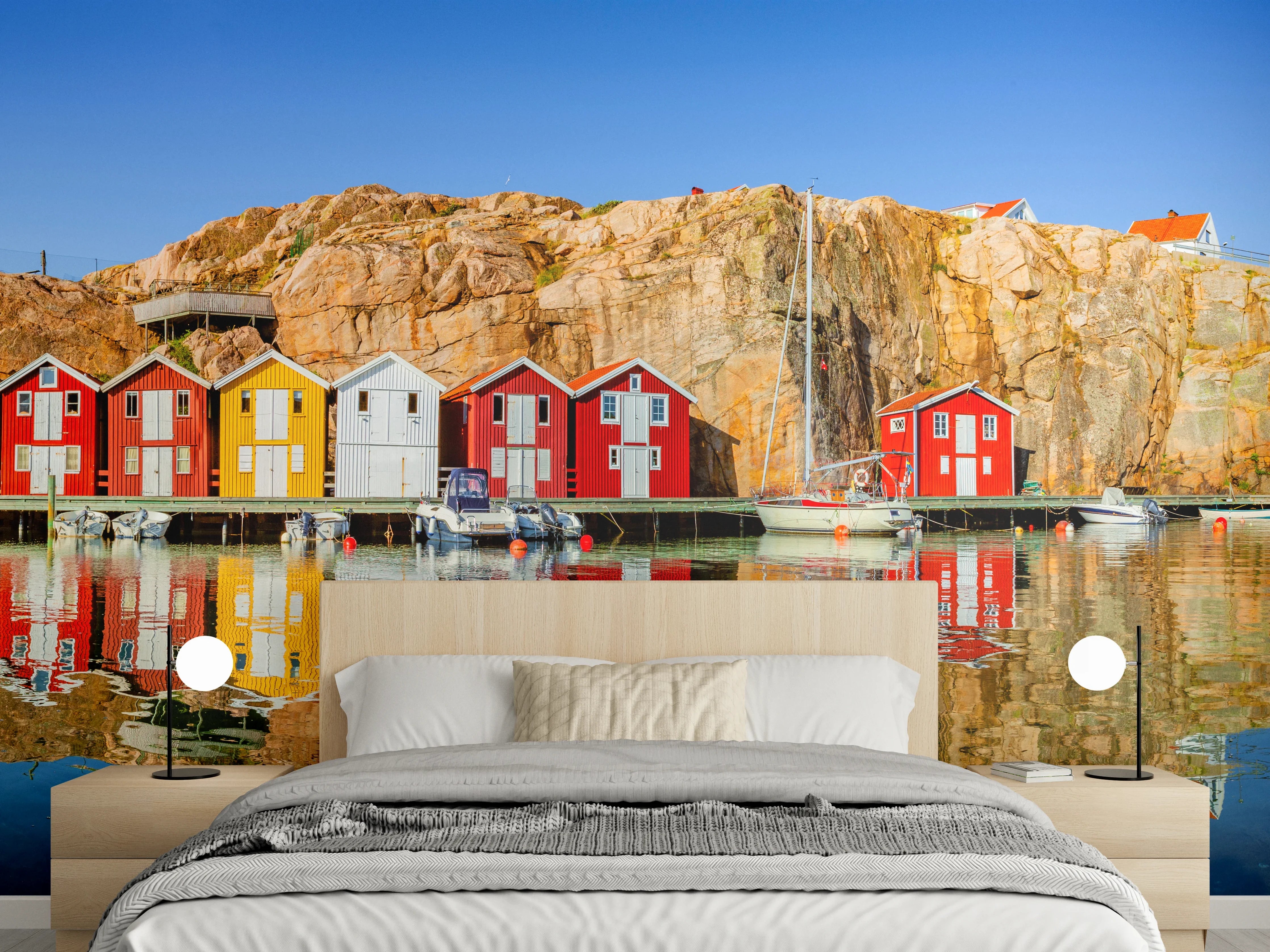 Wandverkleidung Schlafzimmer - Bunte Fischerhäuser in Schweden