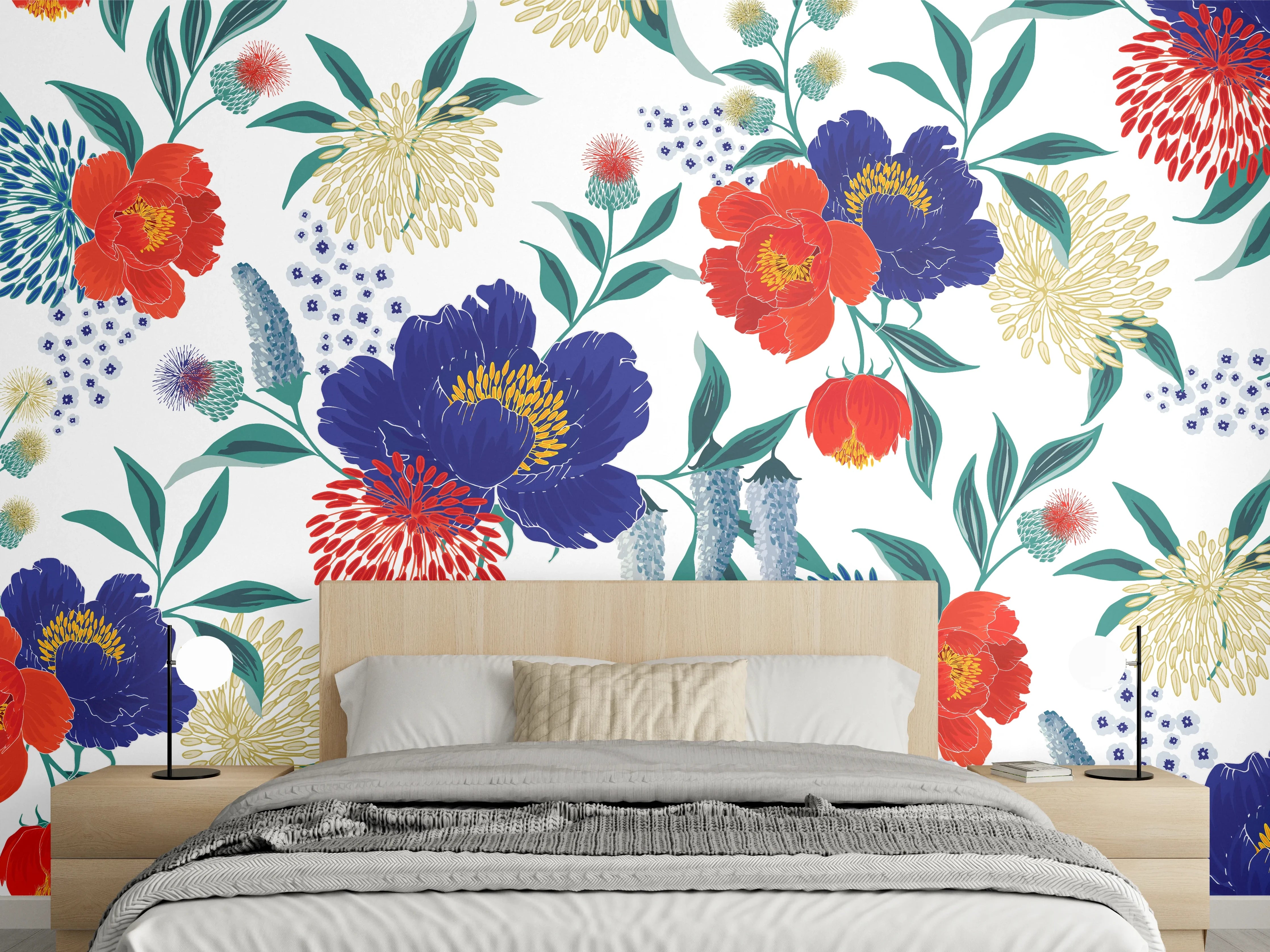 Wandverkleidung Schlafzimmer - Bunte Florale Muster Tapete