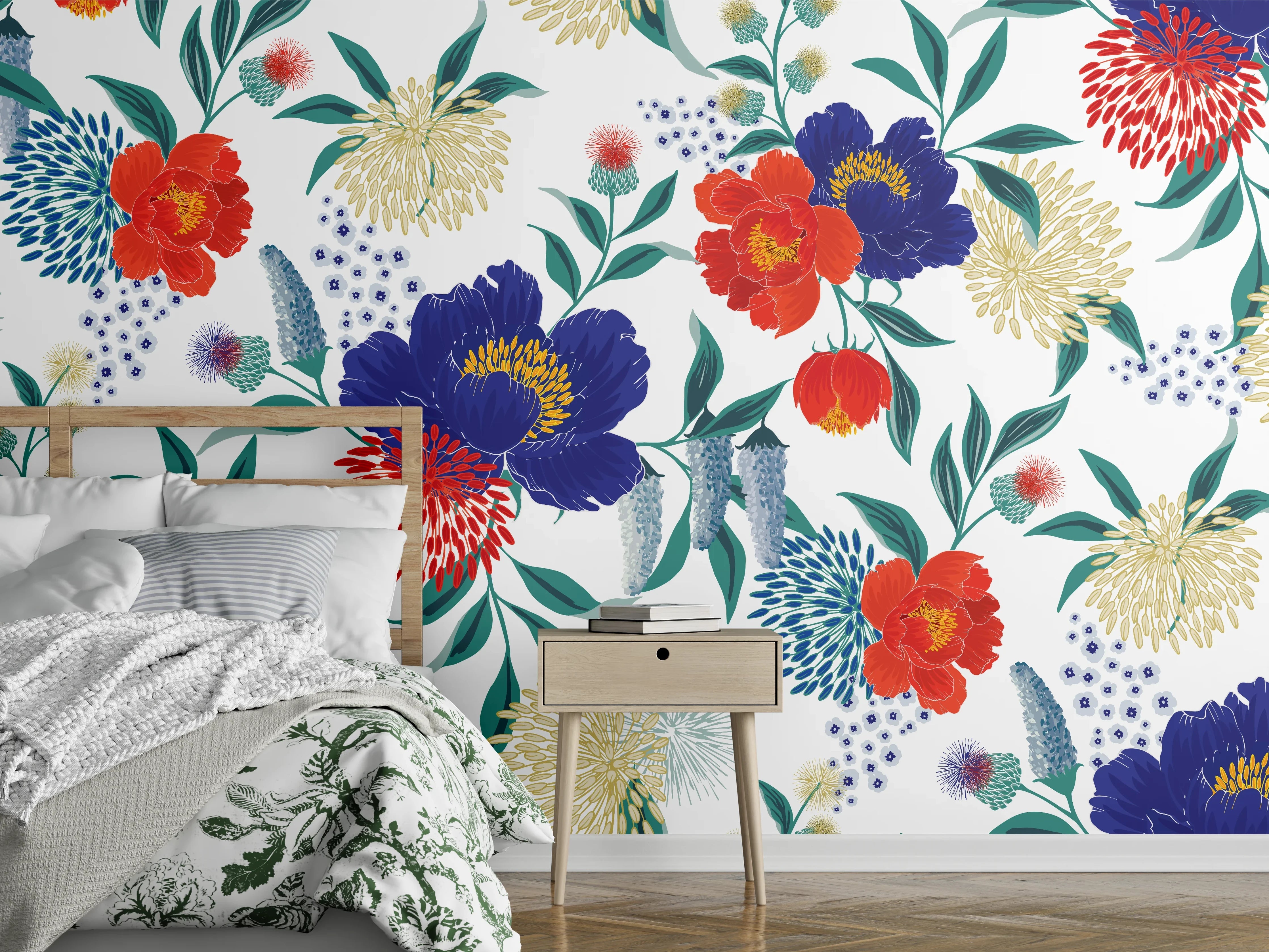Wandverkleidung Schlafzimmer - Bunte Florale Muster Tapete