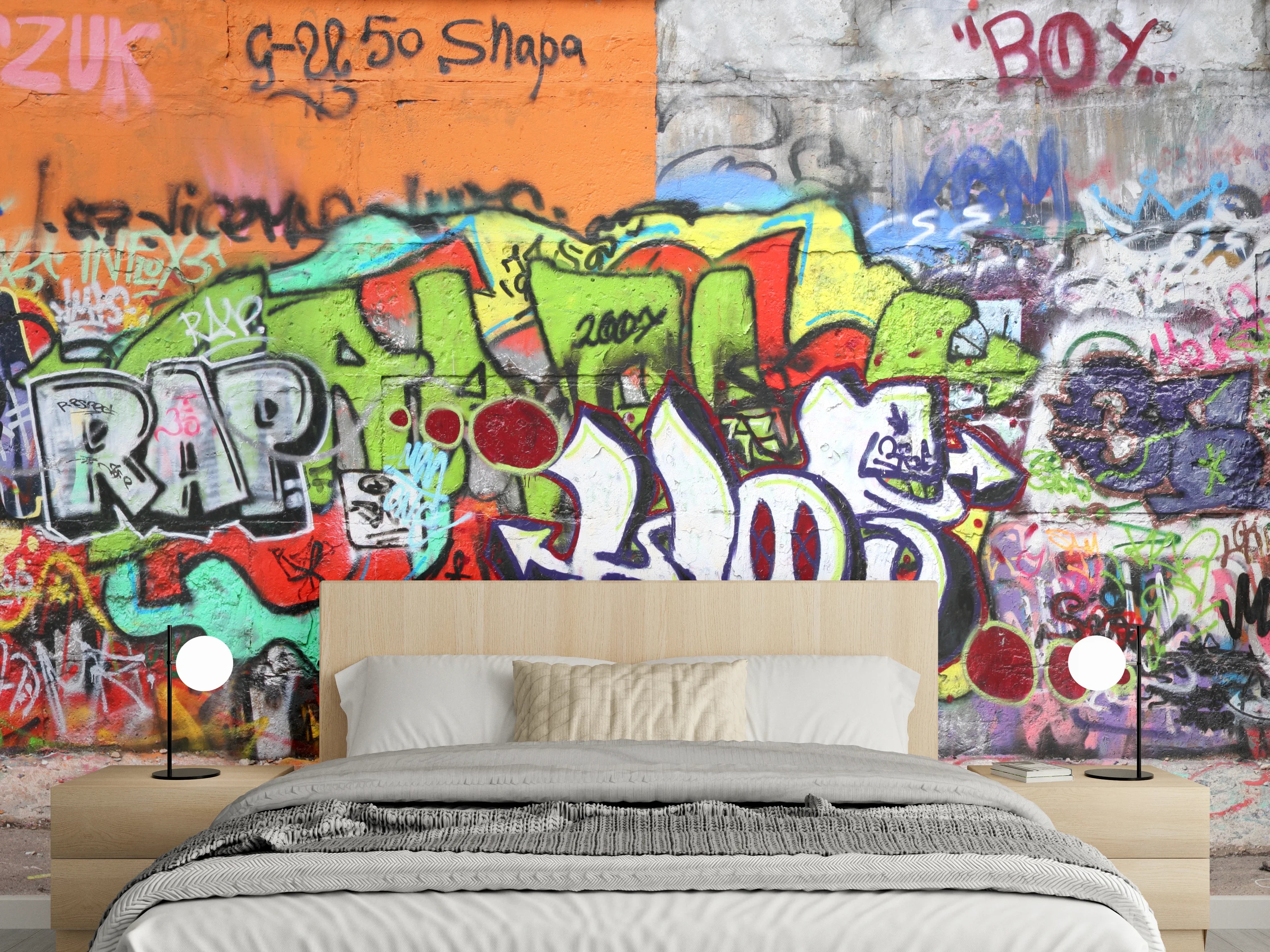 Wandverkleidung Schlafzimmer - Bunte Graffiti-Kunst Wand