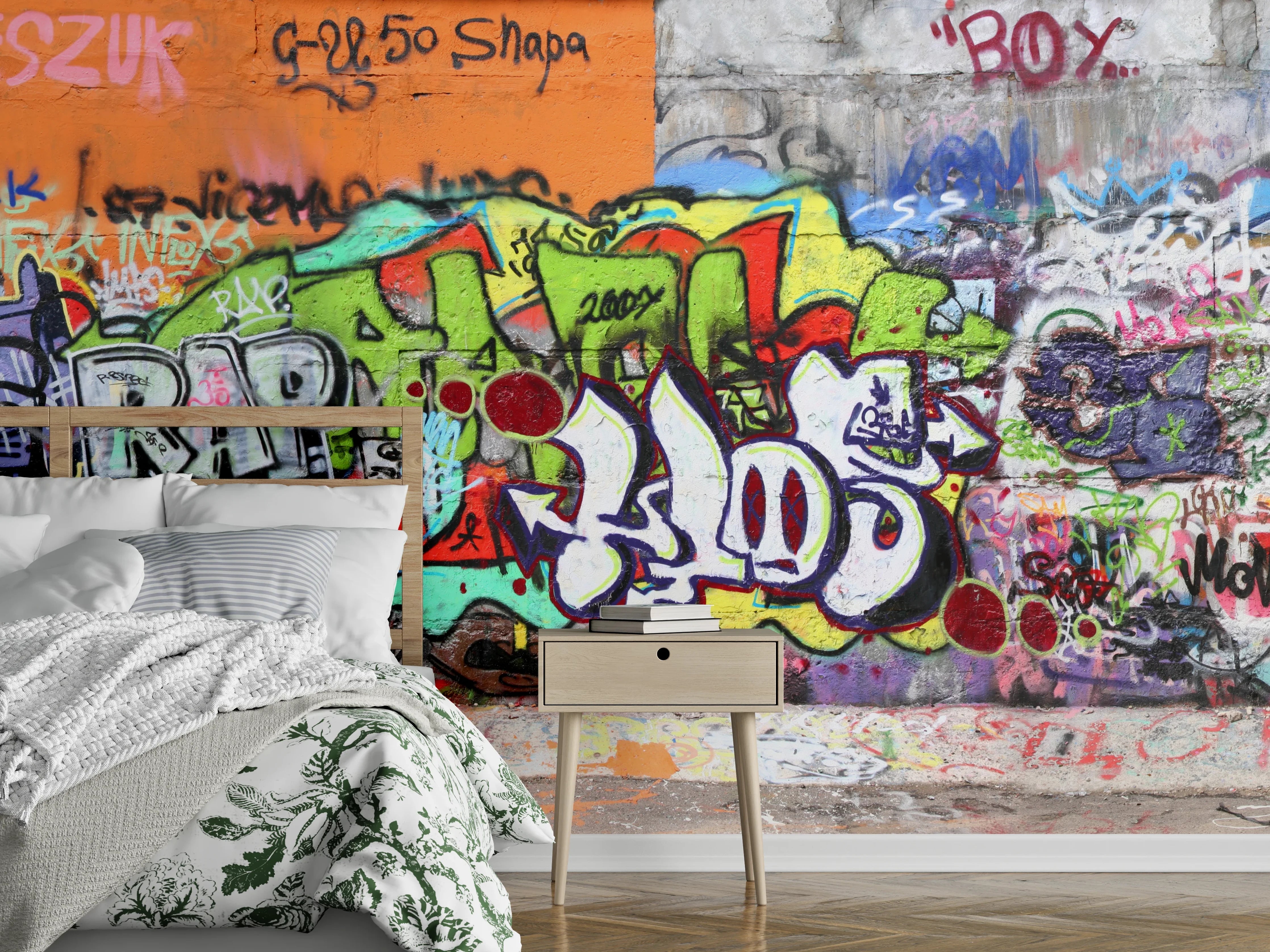 Wandverkleidung Schlafzimmer - Bunte Graffiti-Kunst Wand