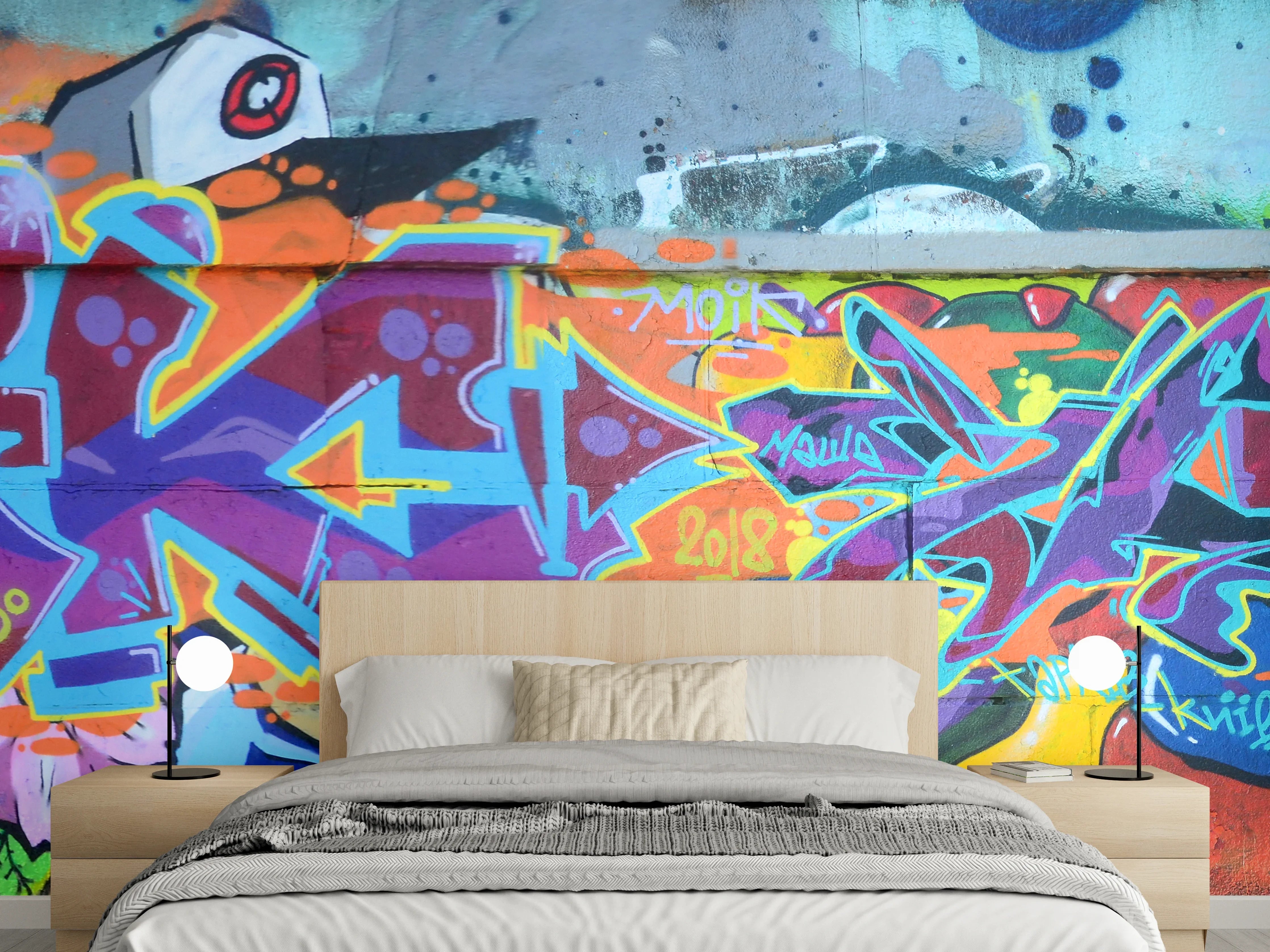 Wandverkleidung Schlafzimmer - Bunte Graffiti-Wandkunst
