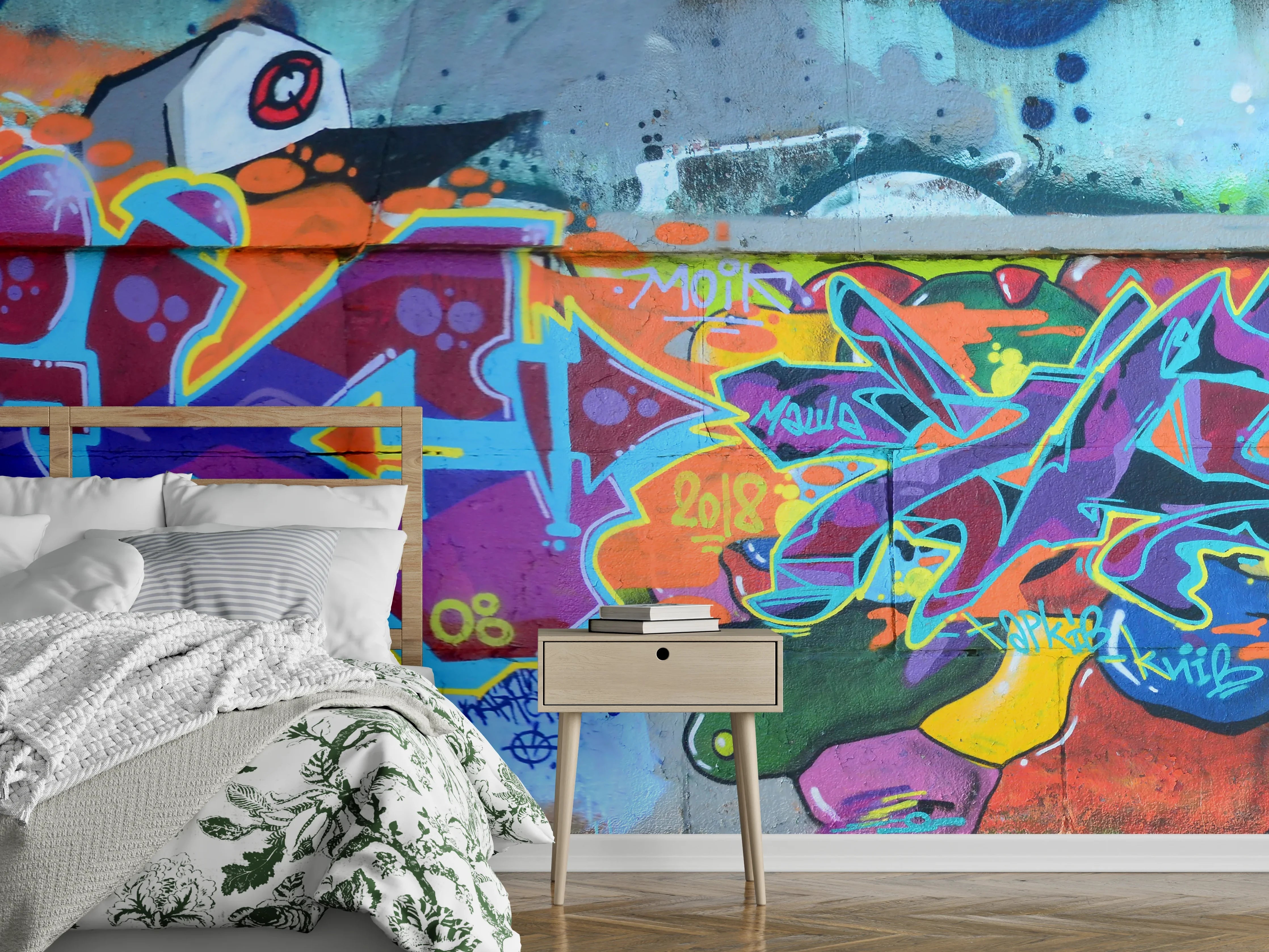 Wandverkleidung Schlafzimmer - Bunte Graffiti-Wandkunst