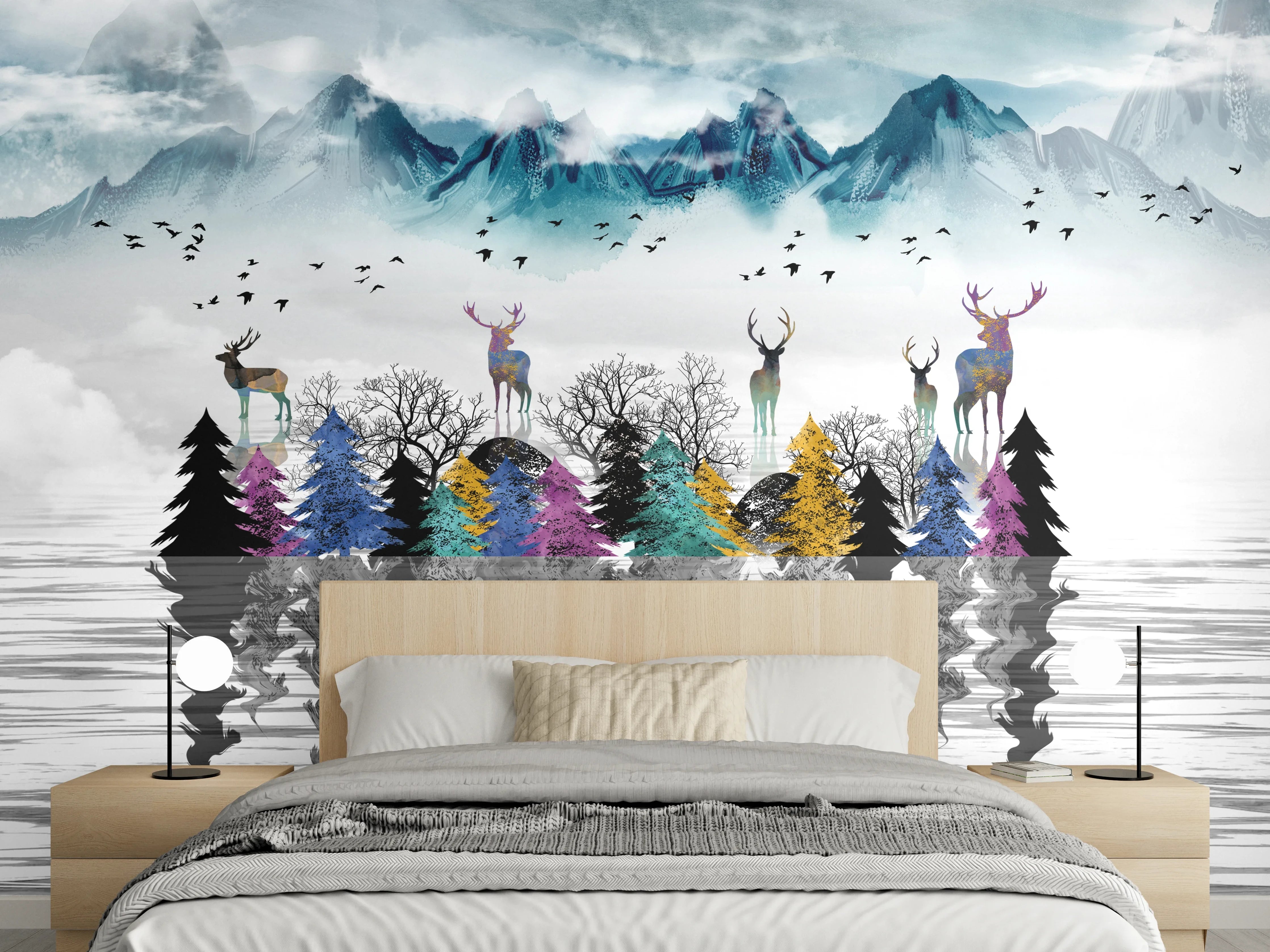 Wandverkleidung Schlafzimmer - Bunte Hirsche am See mit Bergen