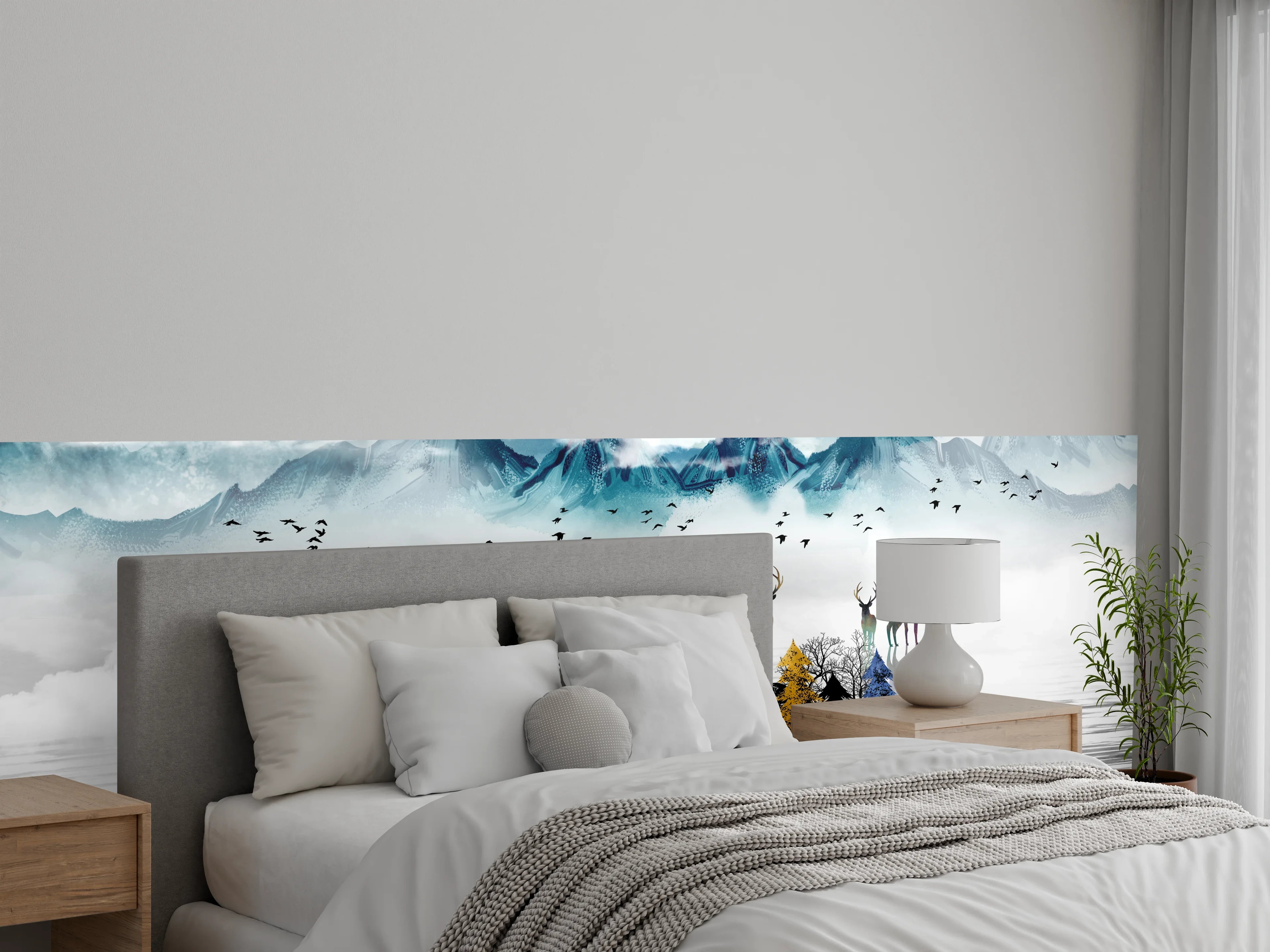 Wandverkleidung Schlafzimmer - Bunte Hirsche am See mit Bergen