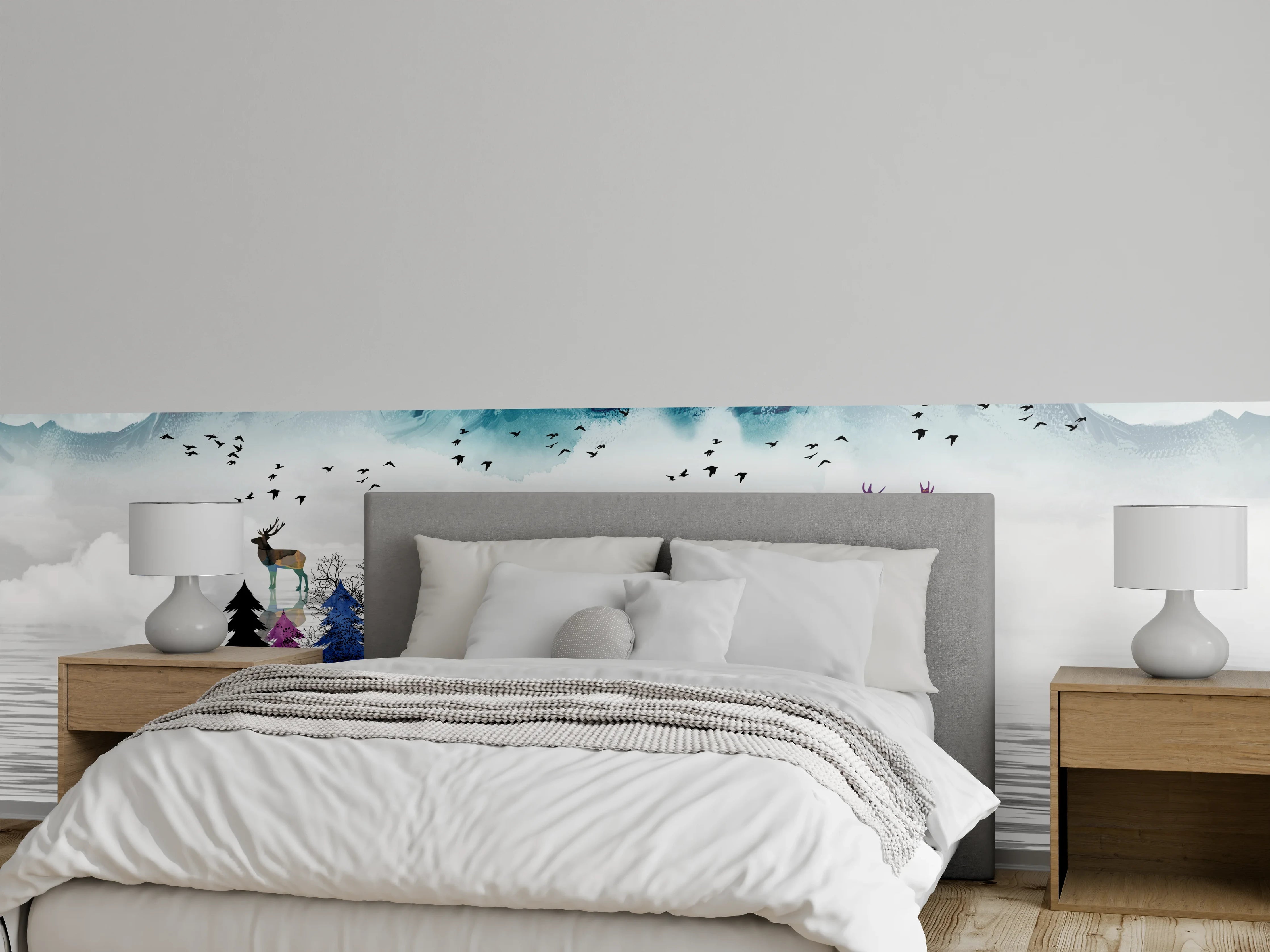 Wandverkleidung Schlafzimmer - Bunte Hirsche am See mit Bergen