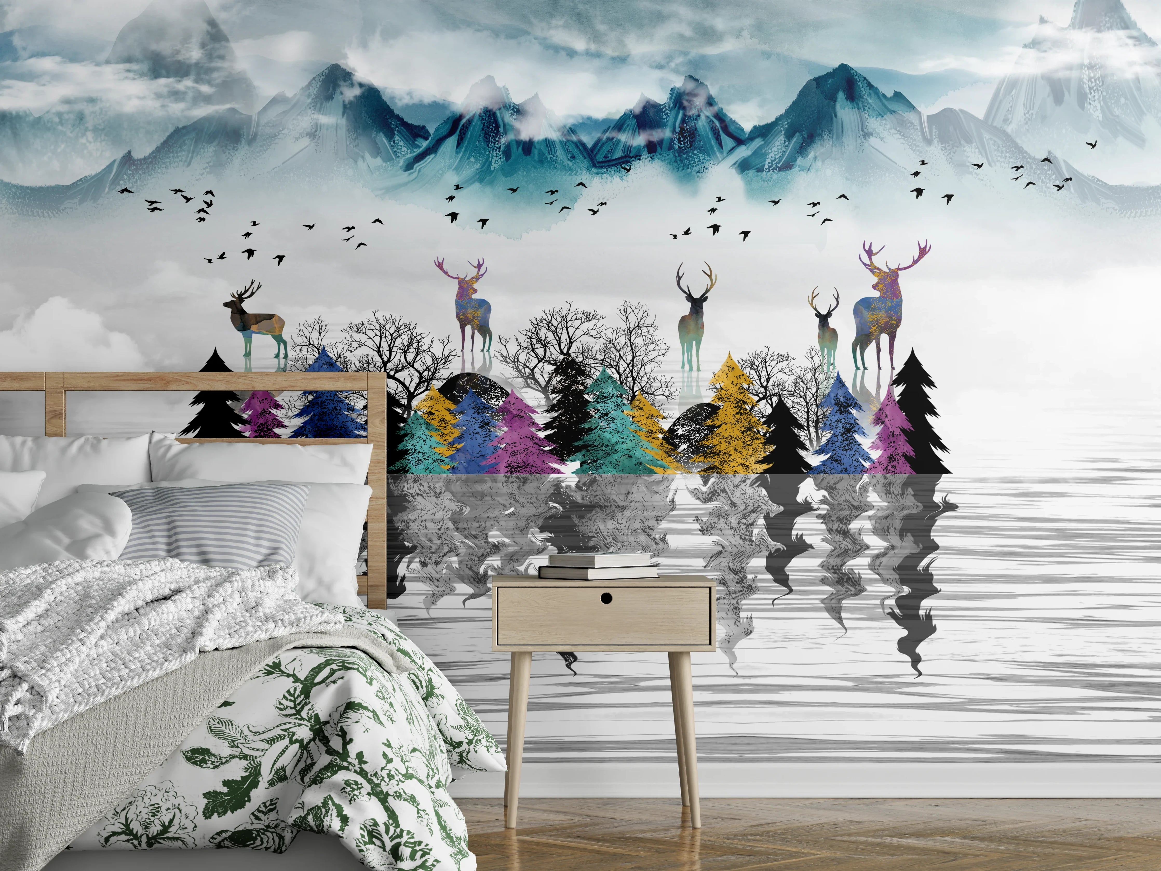 Wandverkleidung Schlafzimmer - Bunte Hirsche am See mit Bergen