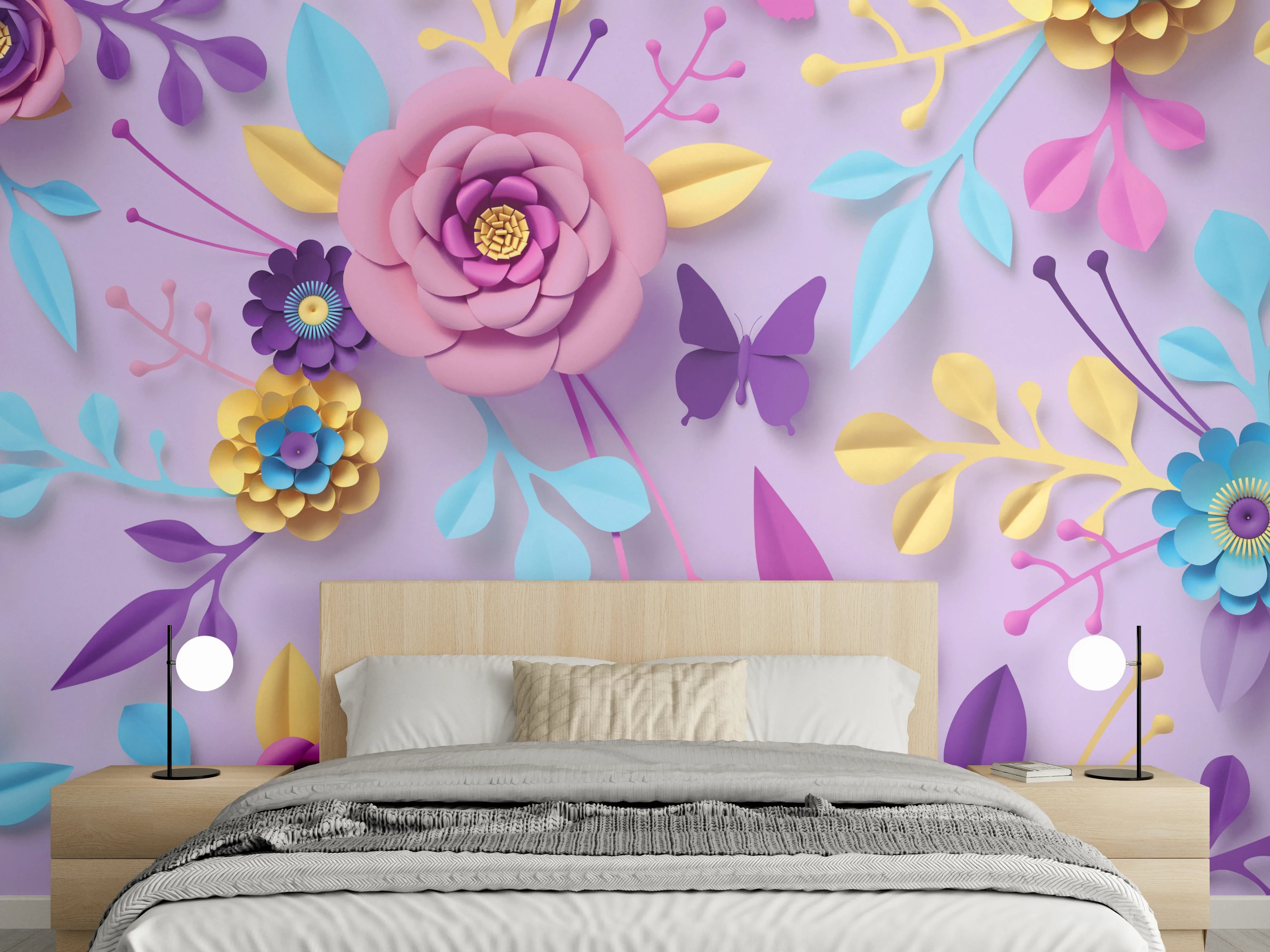 Wandverkleidung Schlafzimmer - Bunte Papierblumen auf lila Hintergrund