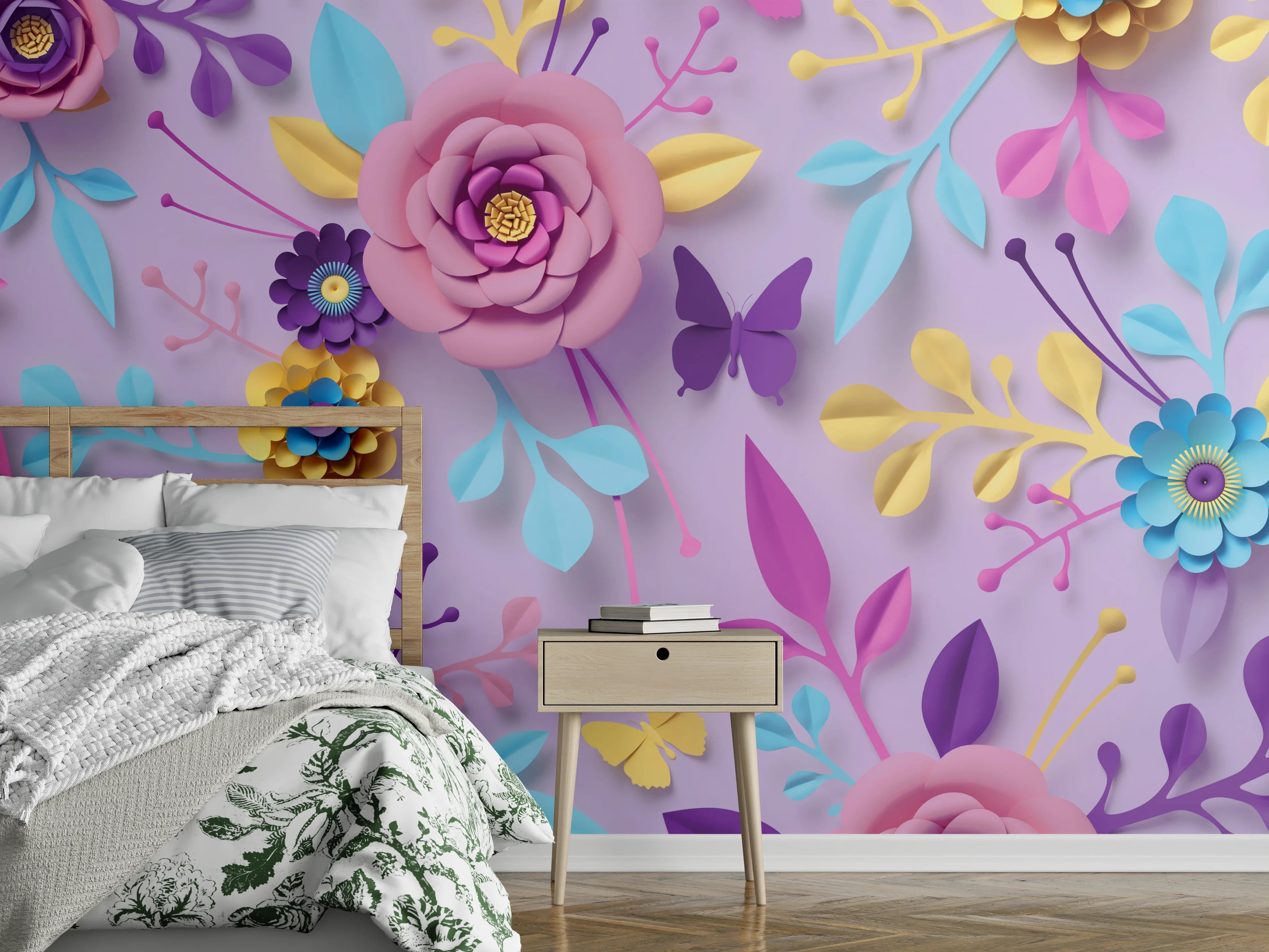 Wandverkleidung Schlafzimmer - Bunte Papierblumen auf lila Hintergrund