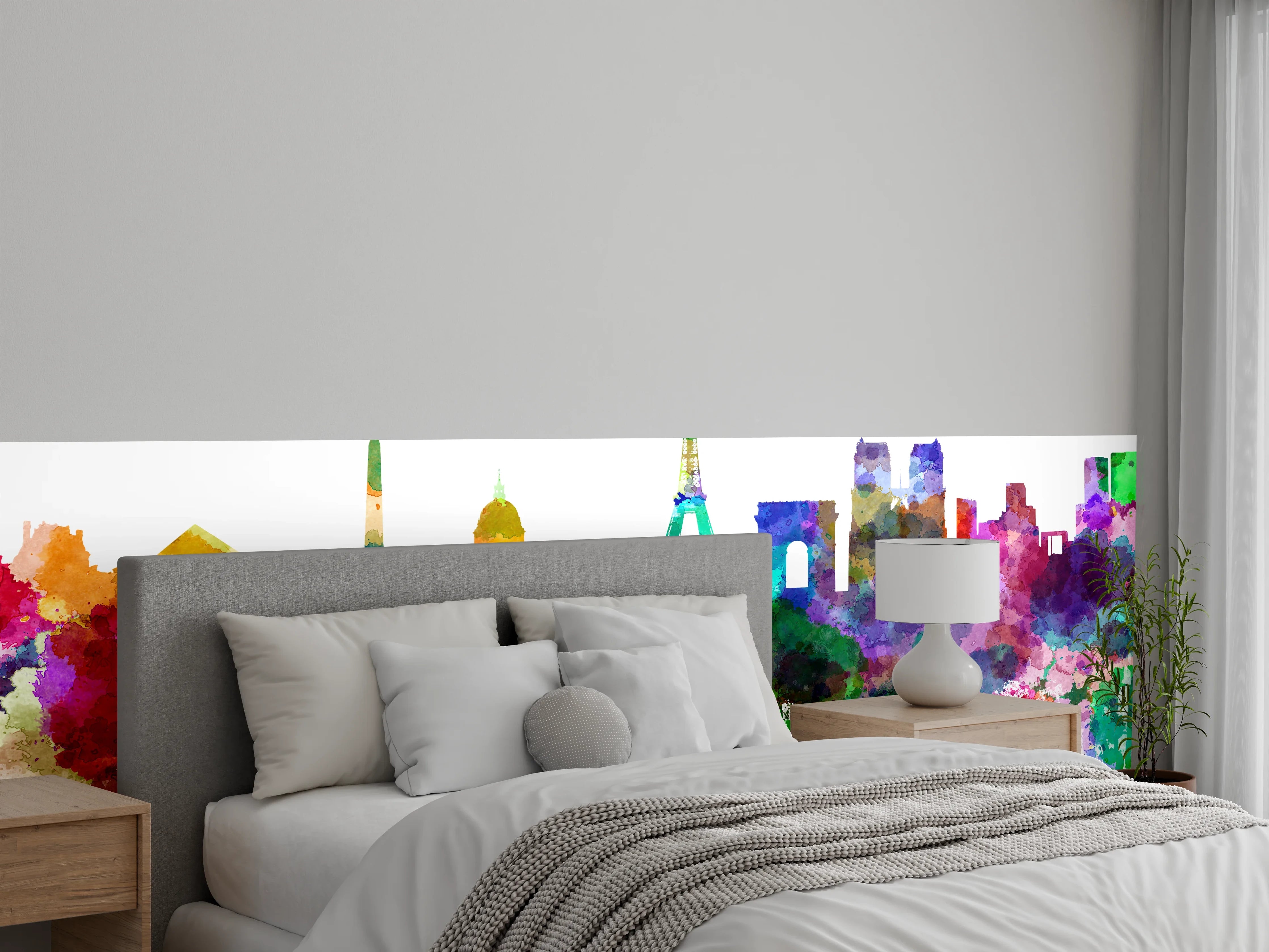 Wandverkleidung Schlafzimmer - Bunte Paris Skyline Aquarell