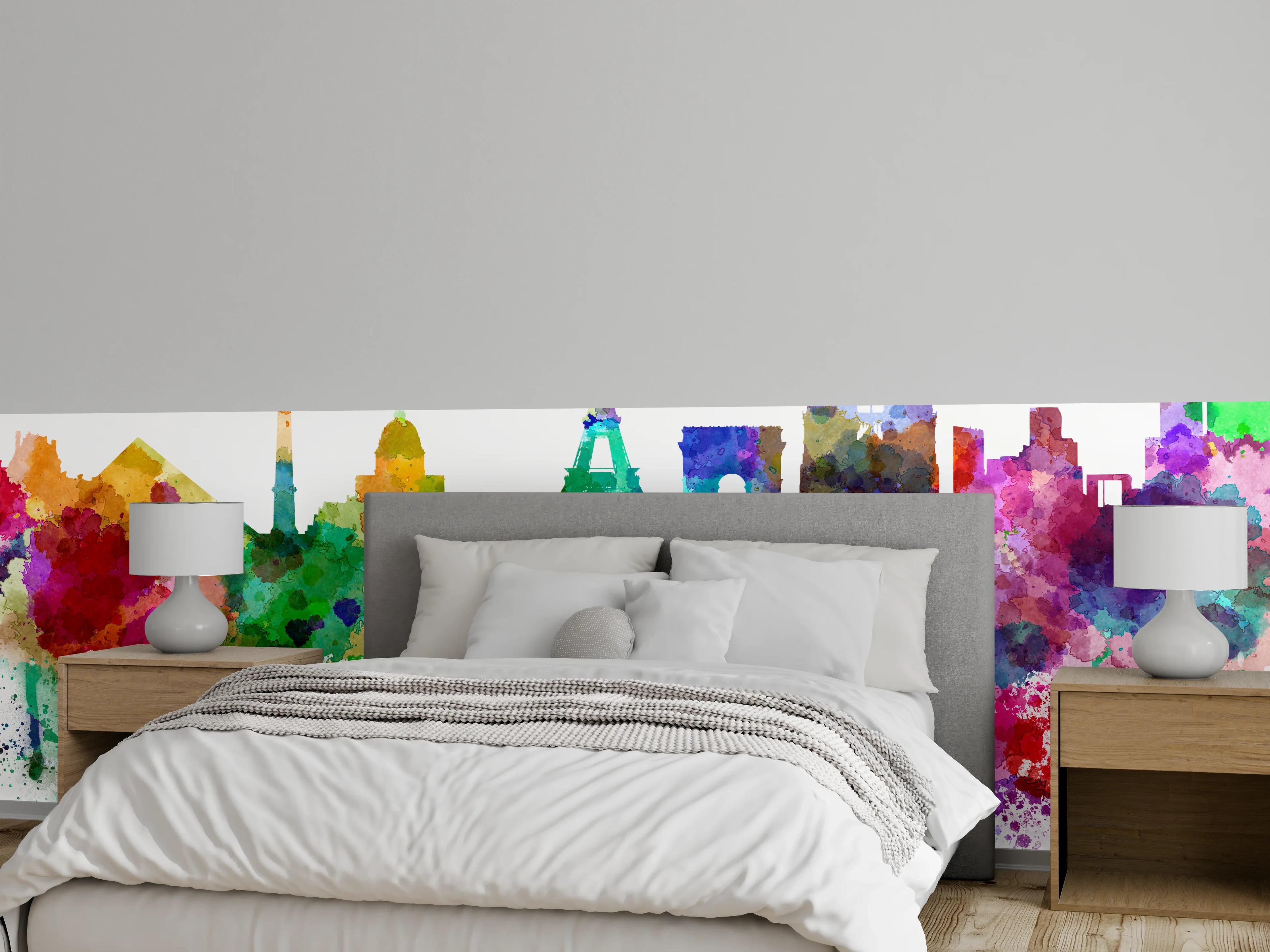 Wandverkleidung Schlafzimmer - Bunte Paris Skyline Aquarell