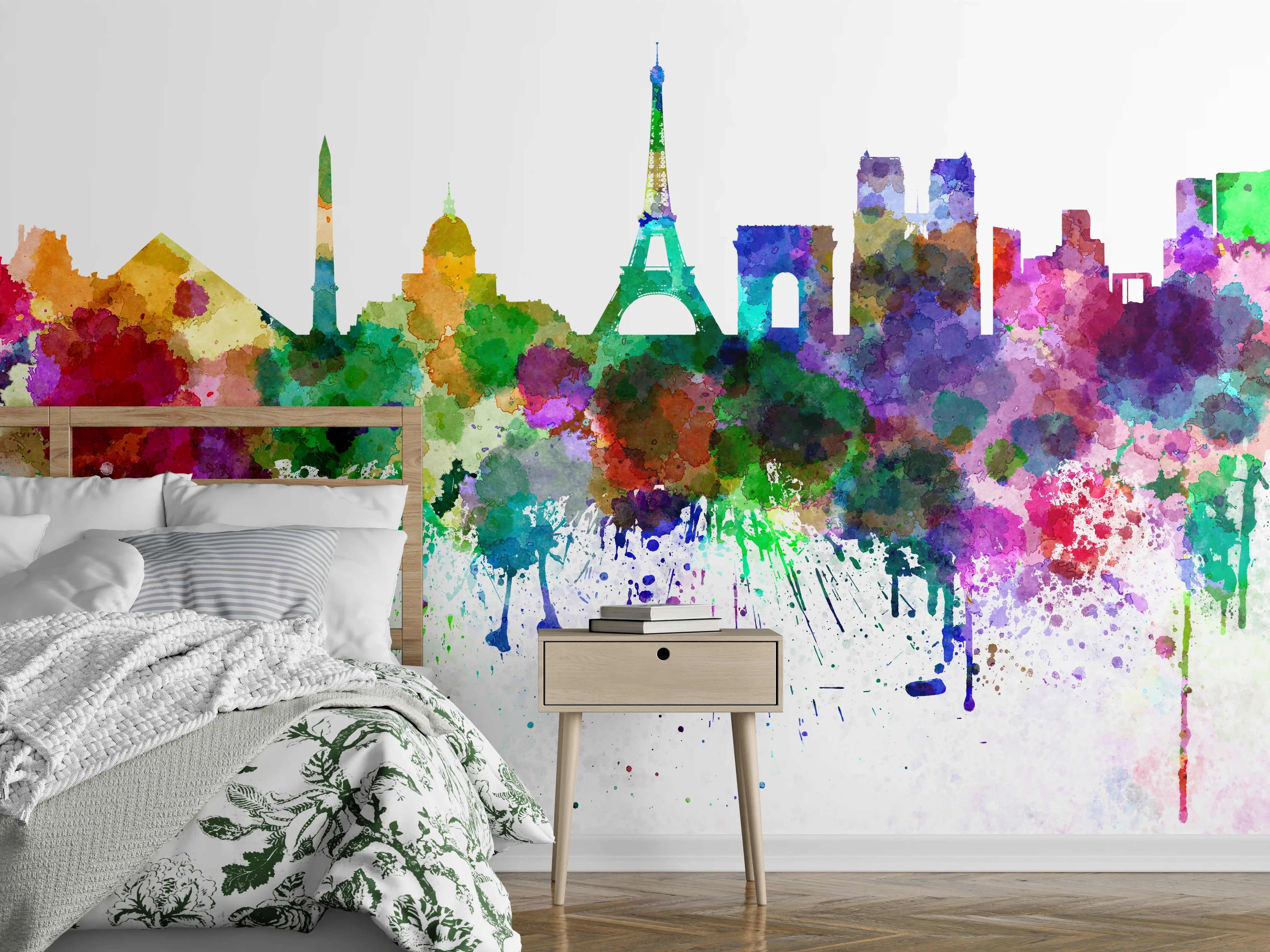 Wandverkleidung Schlafzimmer - Bunte Paris Skyline Aquarell